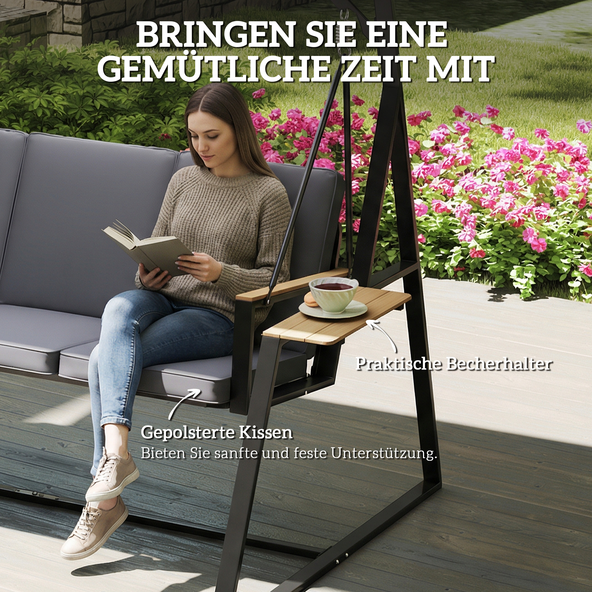 3-Sitzer Gartenschaukel mit verstellbarem Dach, Kissen und Getränkeablagen, 360 kg Tragkraft, Grau