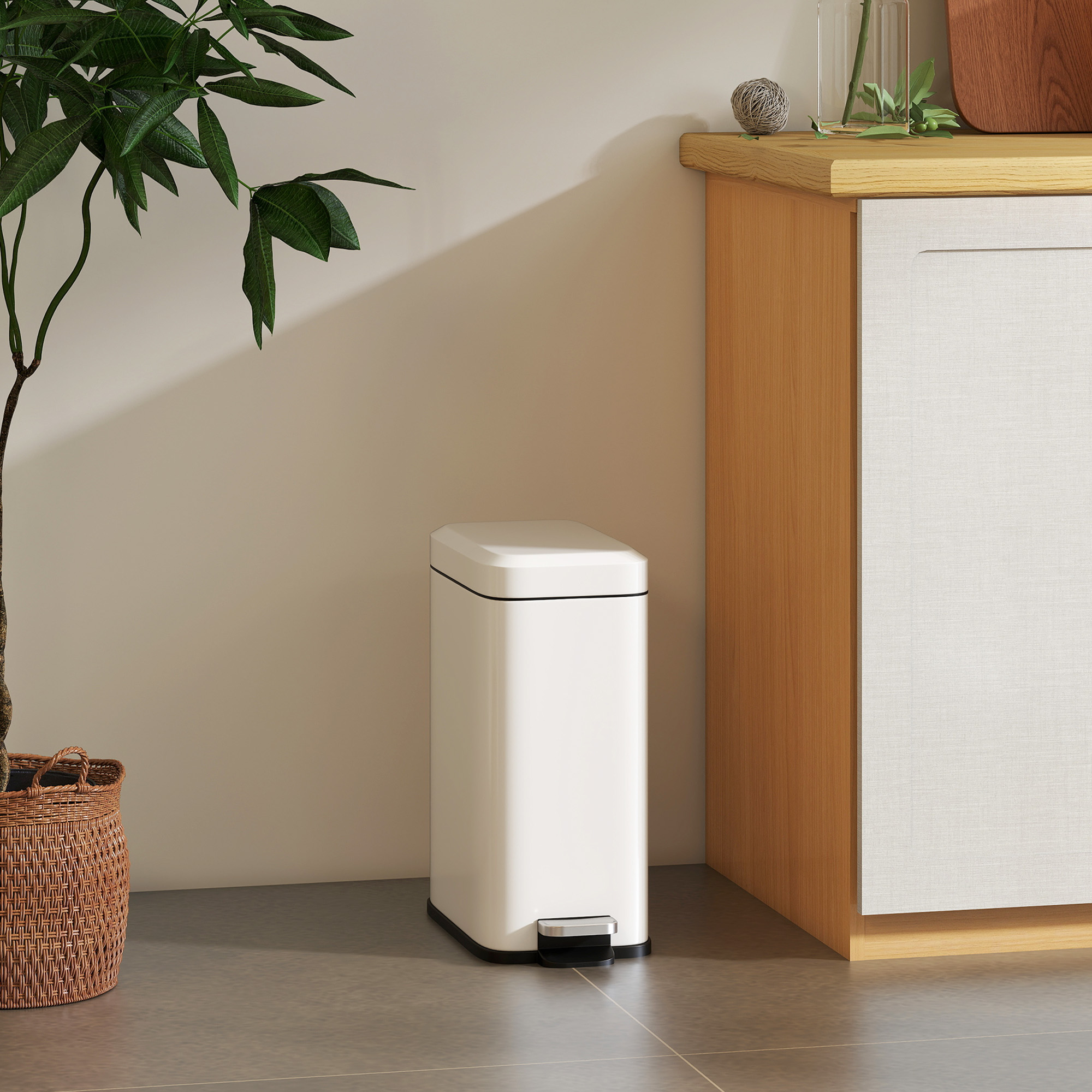 Mülleimer aus Metall, Abfalleimer, 5 L Fassungsvermögen, mit Fußpedal, mit Inneneimer, Weiß