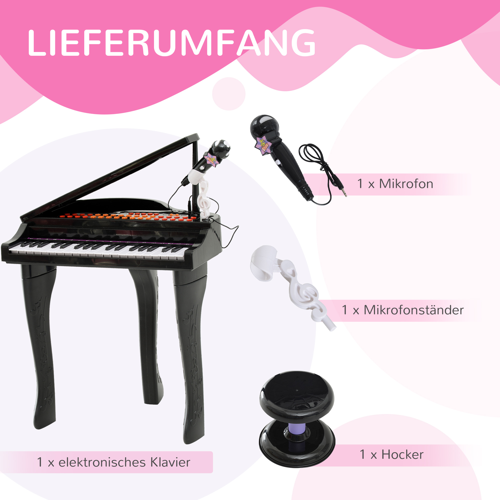 Keyboard Kinder mit 37 Tasten, Hocker Klavier mit Mikrofon, LED-Lehrmodus, Aufnahme, Piano Musikinstrument für 3-6 Jahre Kinder Schwarz