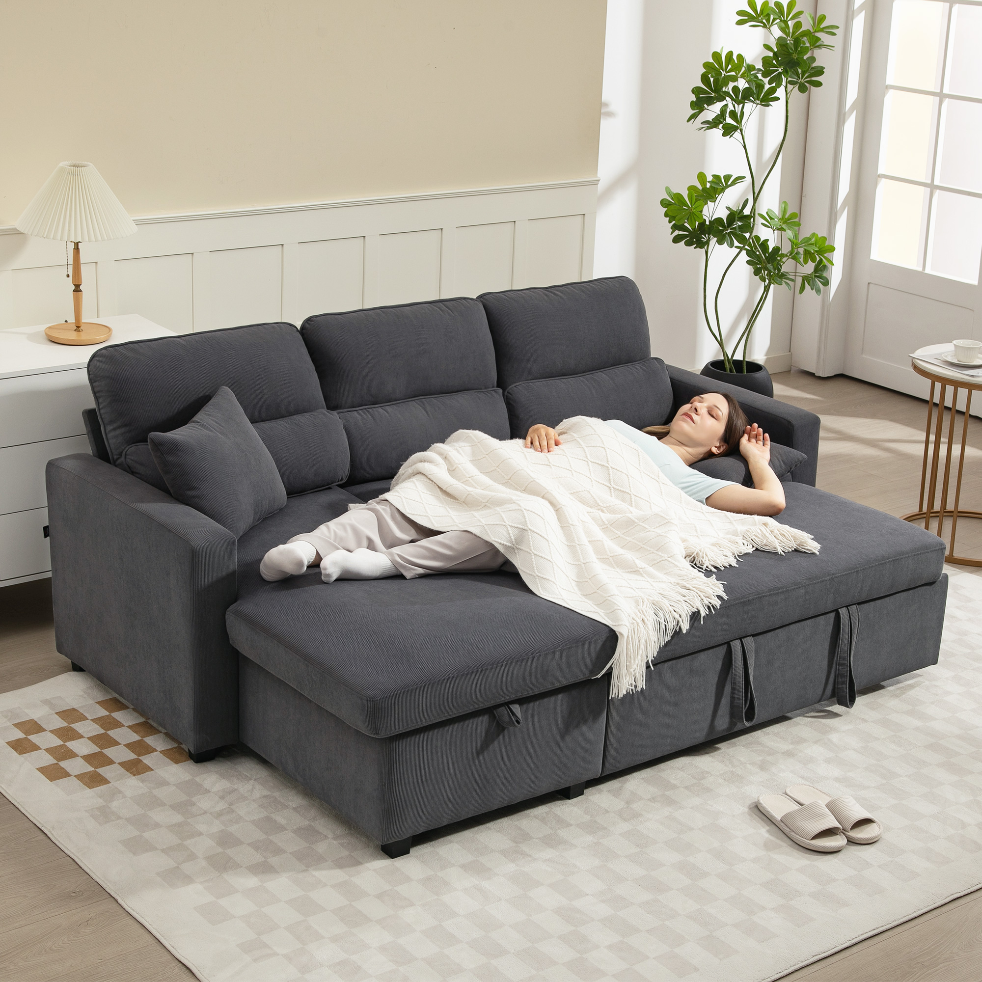 Verstellbares Bettsofa, L-förmiges Gästesofa mit Bettfunktion, Stauraum, Kissen, für Wohnzimmer, Gästezimmer, Dunkelgrau