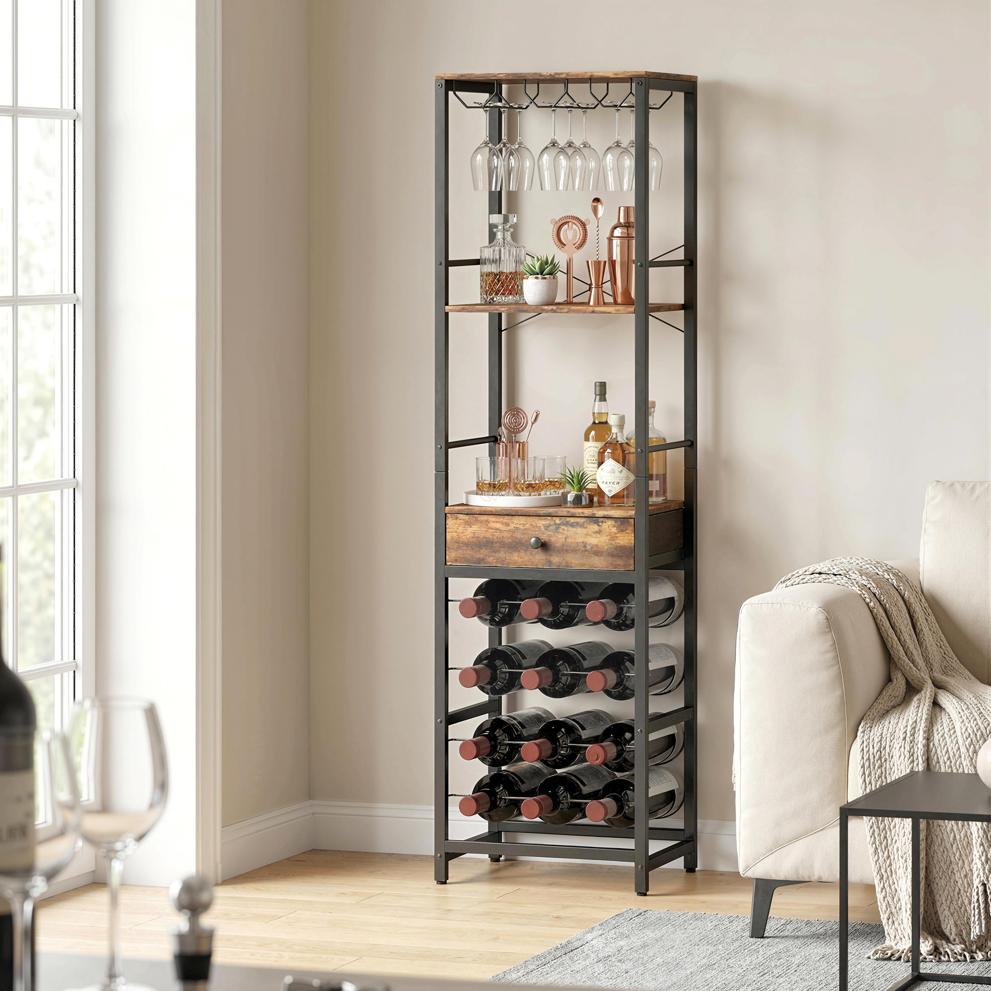 Weinbar-Schrank mit Schublade, Industrieller Barschrank, Weinregal für 12 Flaschen, Glashalter, Rustikal Braun