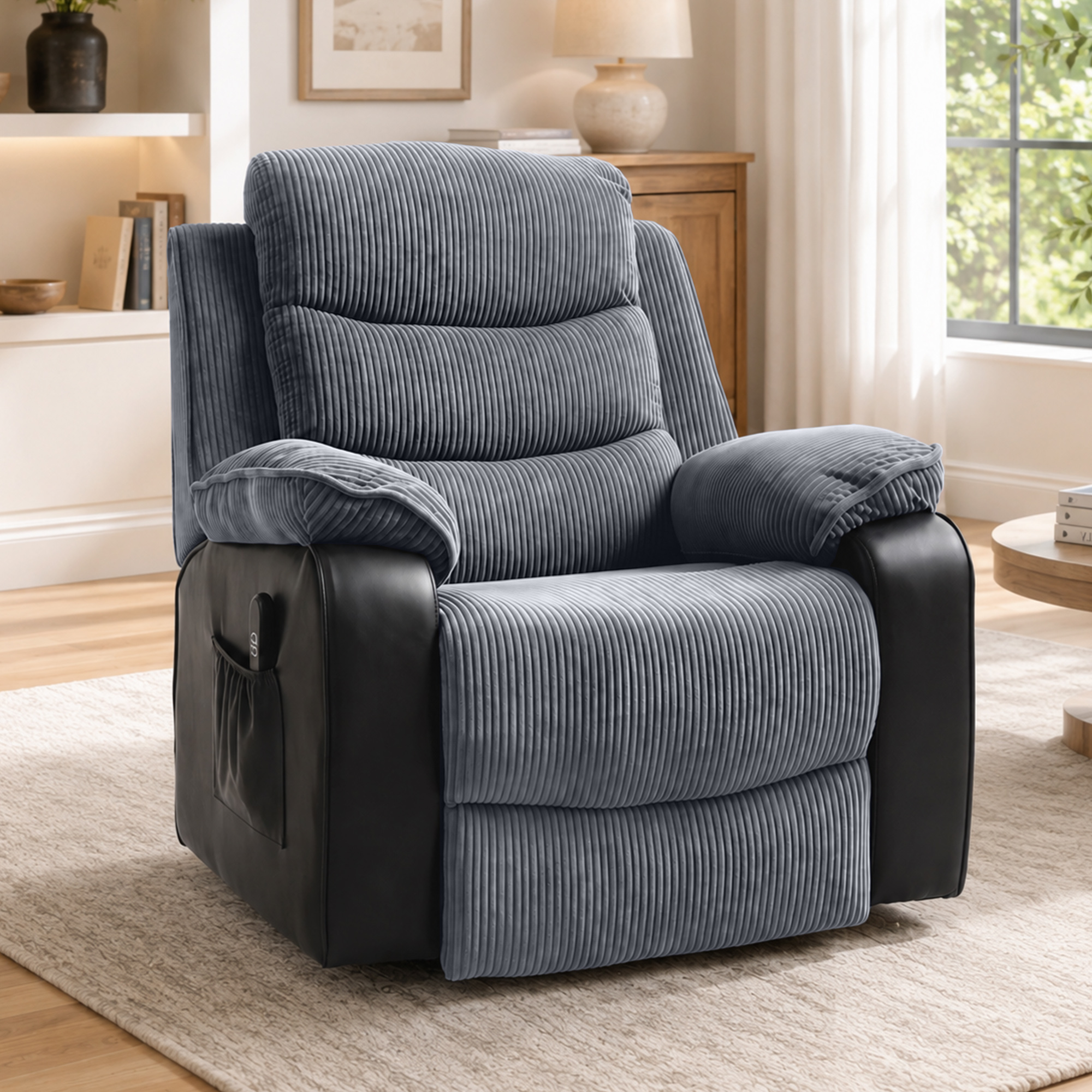 Aufstehsessel mit weichem Cordbezug, Recliner-Sessel mit Fernbedienung und Seitentaschen, Dunkelgrau