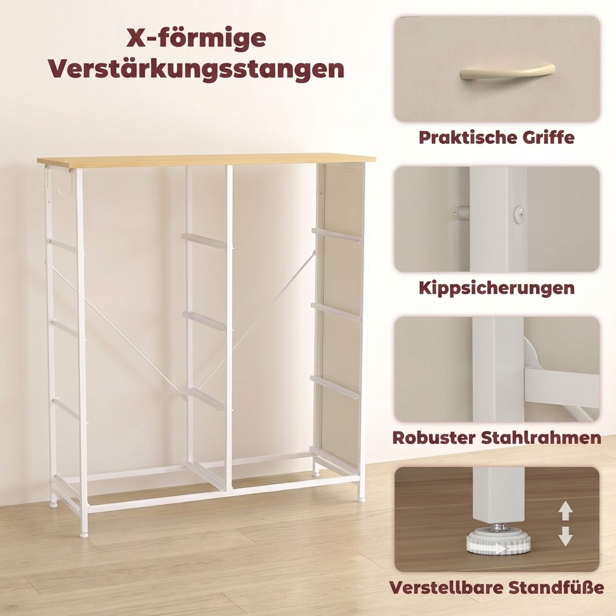 Schlafzimmer-Kommode mit 8 Stoffschubladen, Stahlstreben, Holzoberfläche, 4 Aufbewahrungstaschen, 2 Haken, Beige