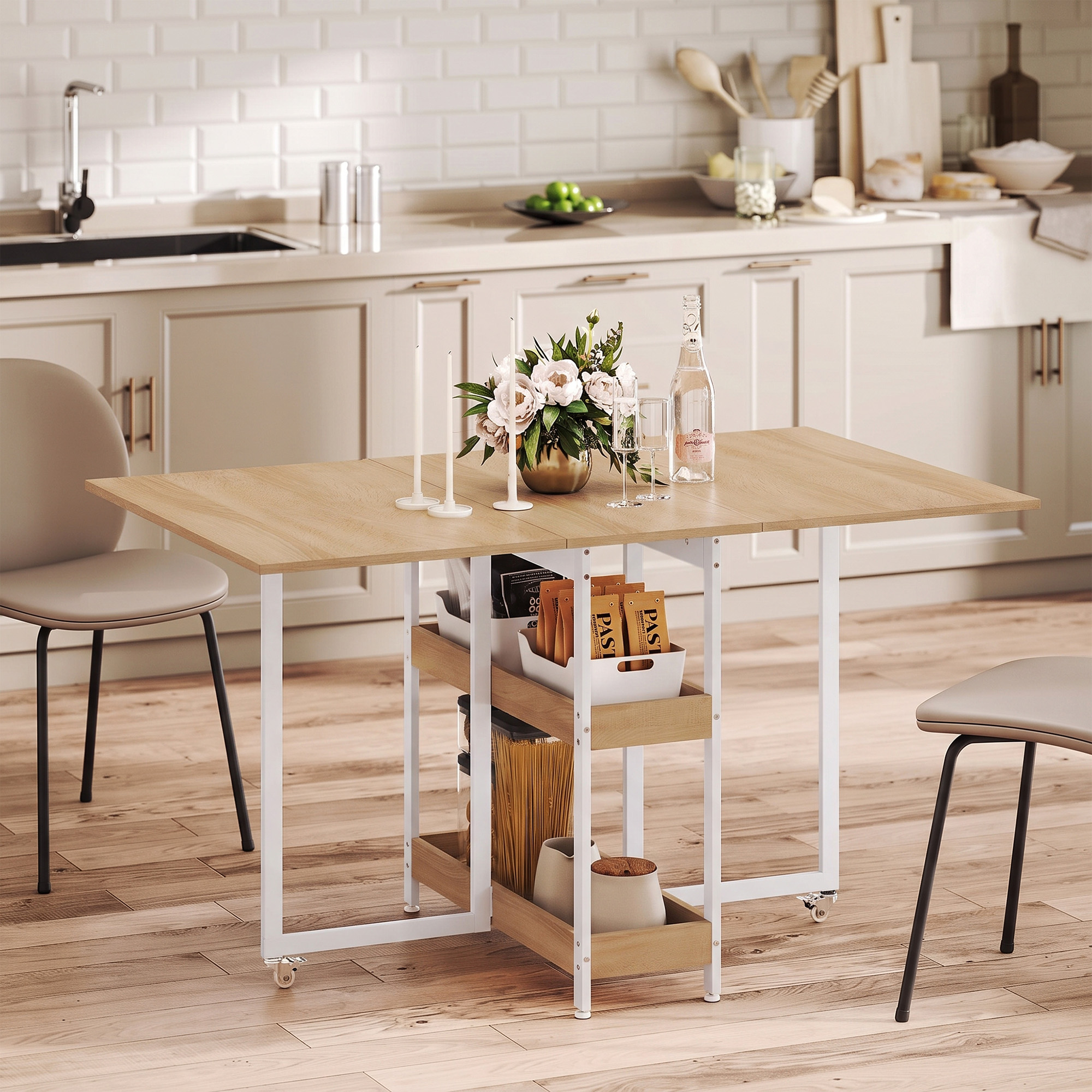 klappbarer Esstisch im Industriedesign, für bis zu 4 Personen, offene Regale, flexibel, Metall, Spanplatte, Holzoptik Natur