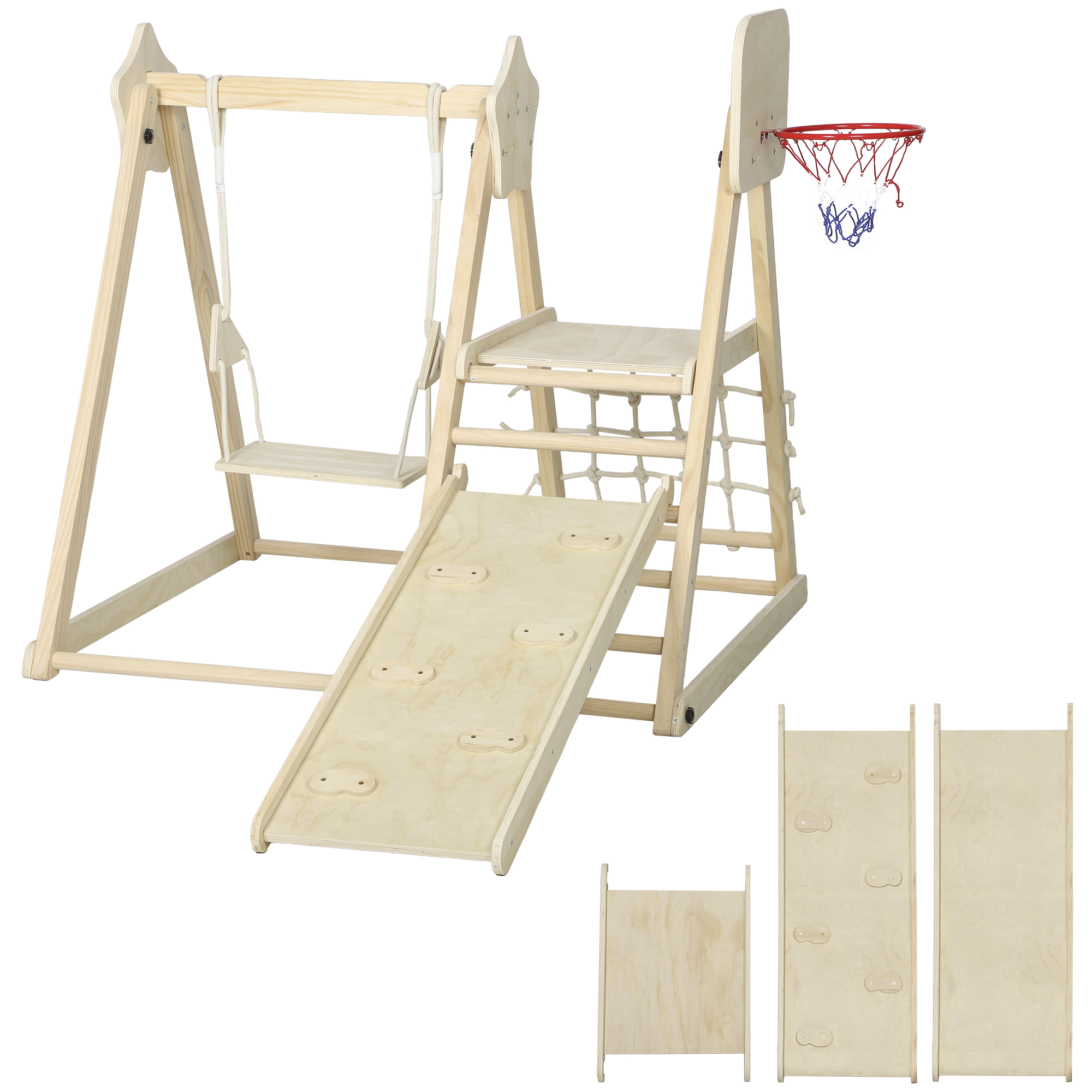 5-in-1 Indoor-Klettergerüst mit Rutsche, Schaukel, Kletternetz, Basketballkorb, klappbar, 3-6 Jahre, Naturholz