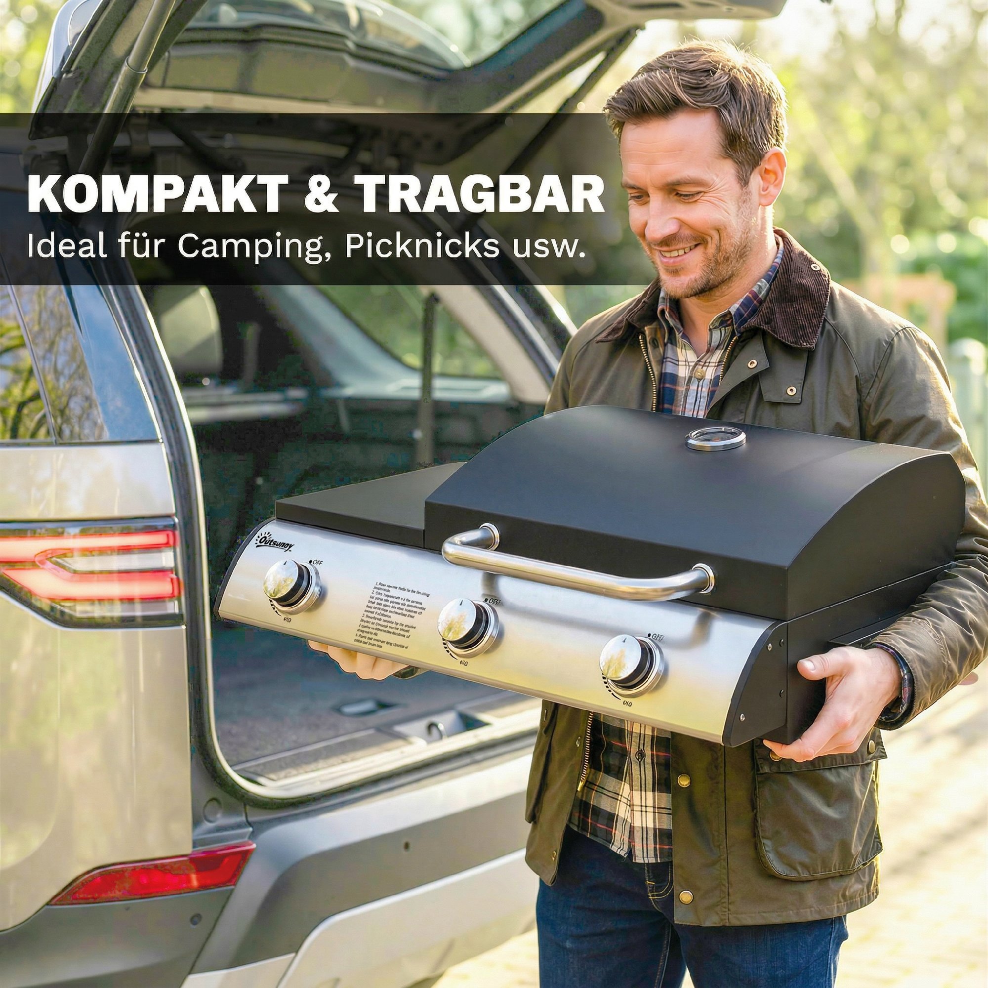 Gasgrill 7,5 KW Tragbarer Tischgrill mit 3 Brenner Seitentisch Bratenplatte Emaille-Grillroste Fettauffangschale