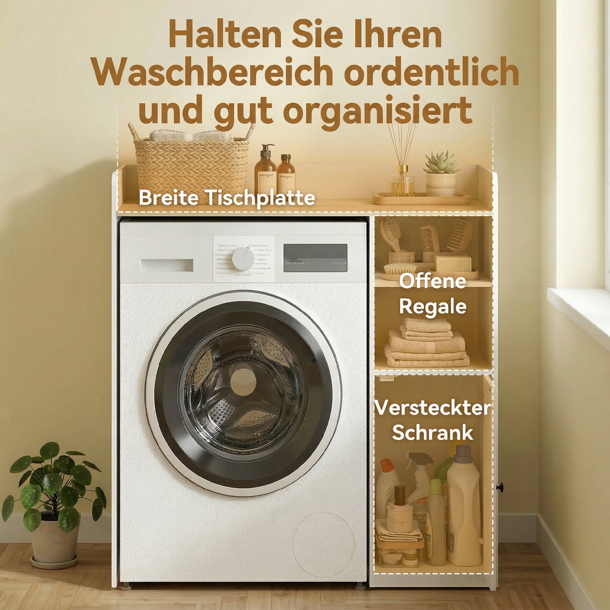 Schrank über der Waschmaschine mit Soft-Close-Scharnieren, moderner Bad-Organizer über der Toilette mit offenen Ablagefächern