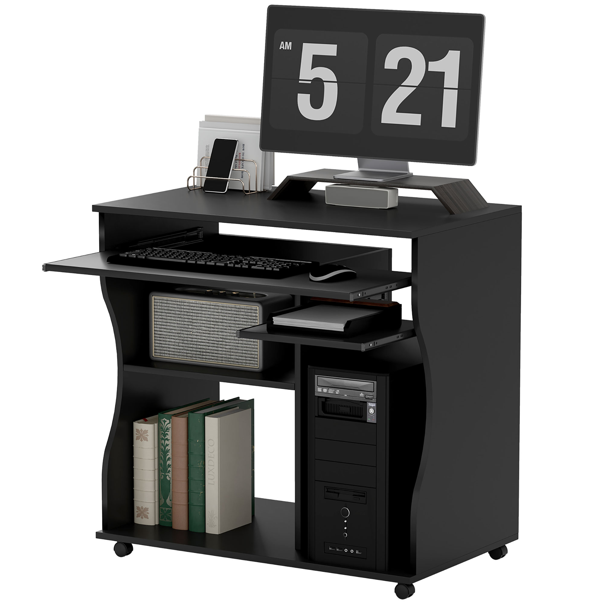 Computertisch mit Rollen, Schreibtisch mit Stauraum, 80 x 48 x 75 cm, Schwarz Computertisch mit Rollen, Schreibtisch mit Stauraum, 80 x 48 x 75 cm, Schwarz