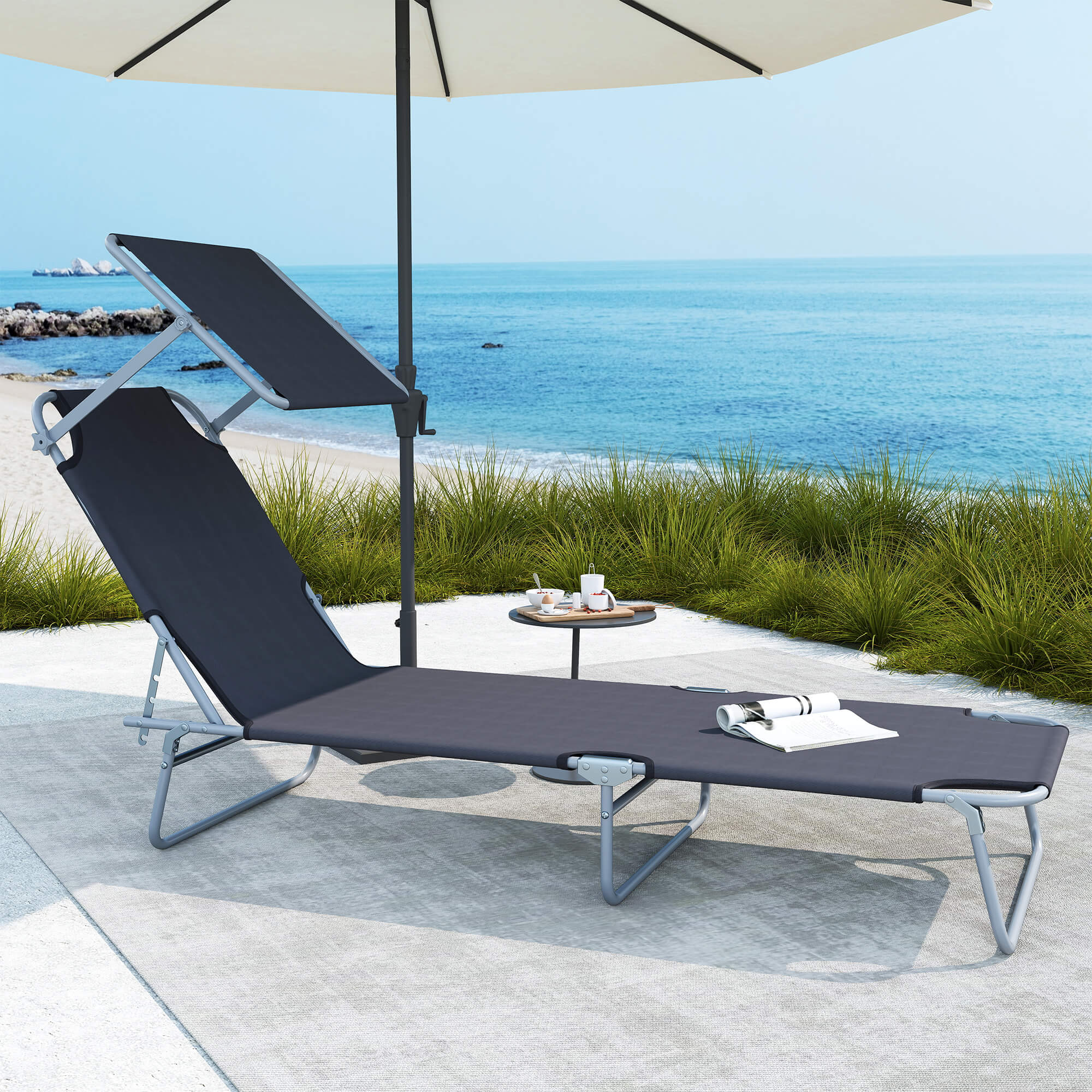 Sonnenliege klappbar Gartenliege mit Sonnenschutz Wellnessliege mit 4-Fach verstellbare Rückenlehne Strandliege bis 120kg belastbar für Garten, Balkon und Pool geeignet, 6 Farben(Grau )