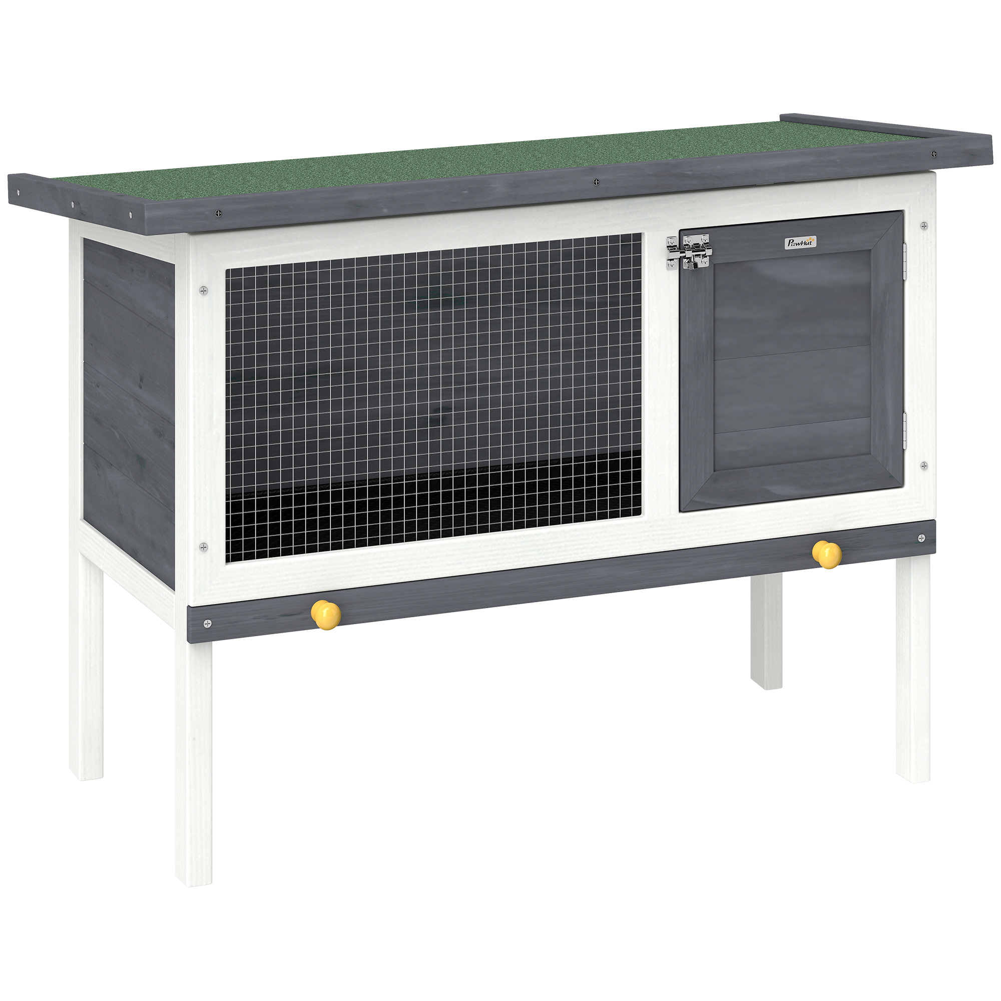 Hasenstall erhöhter Kaninchenstall aus Holz mit aufklappbar Bitumendach herausziehbarer Schublade 90x45x65 cm Grau