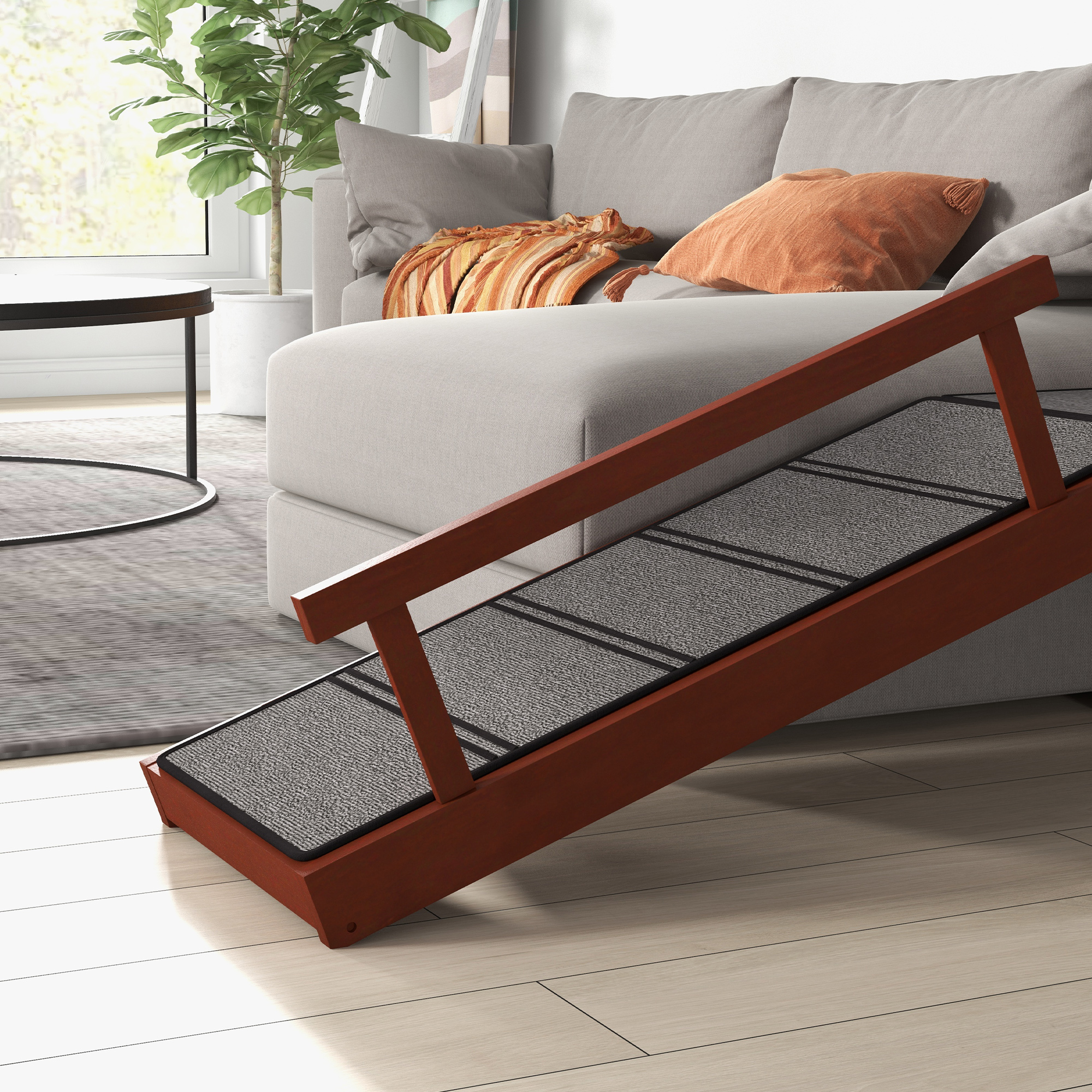 Hunderampe, abnehmbare Geländer, rutschfest, Holz, bis 30 kg, 125x40x56cm, Braun/Grau