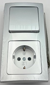 DELPHI Set Steckdose + Schalter + Rahmen / 250V~/ 16A, Steckanschluss, silber