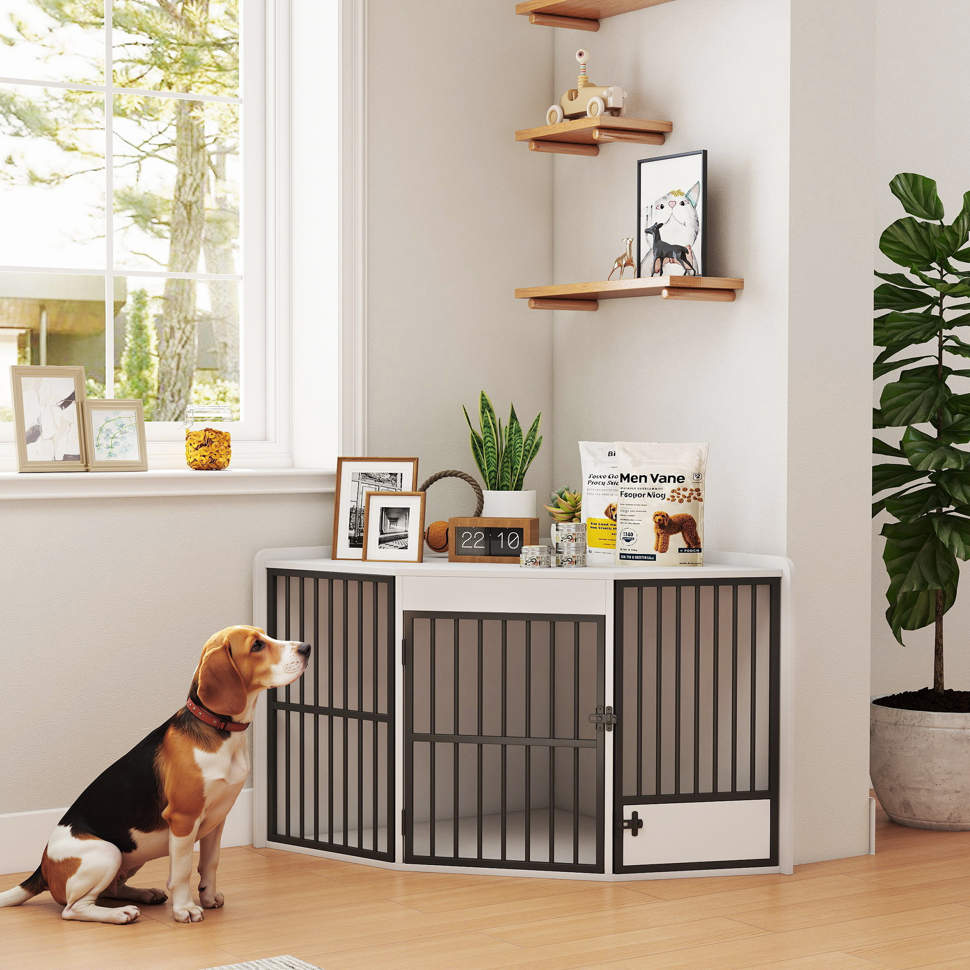 Hundebox, Aufenthaltsbox für kleine und mittelgroße Hunde, Haustierbox, Fütterungstür, MDF, Metall, Weiß