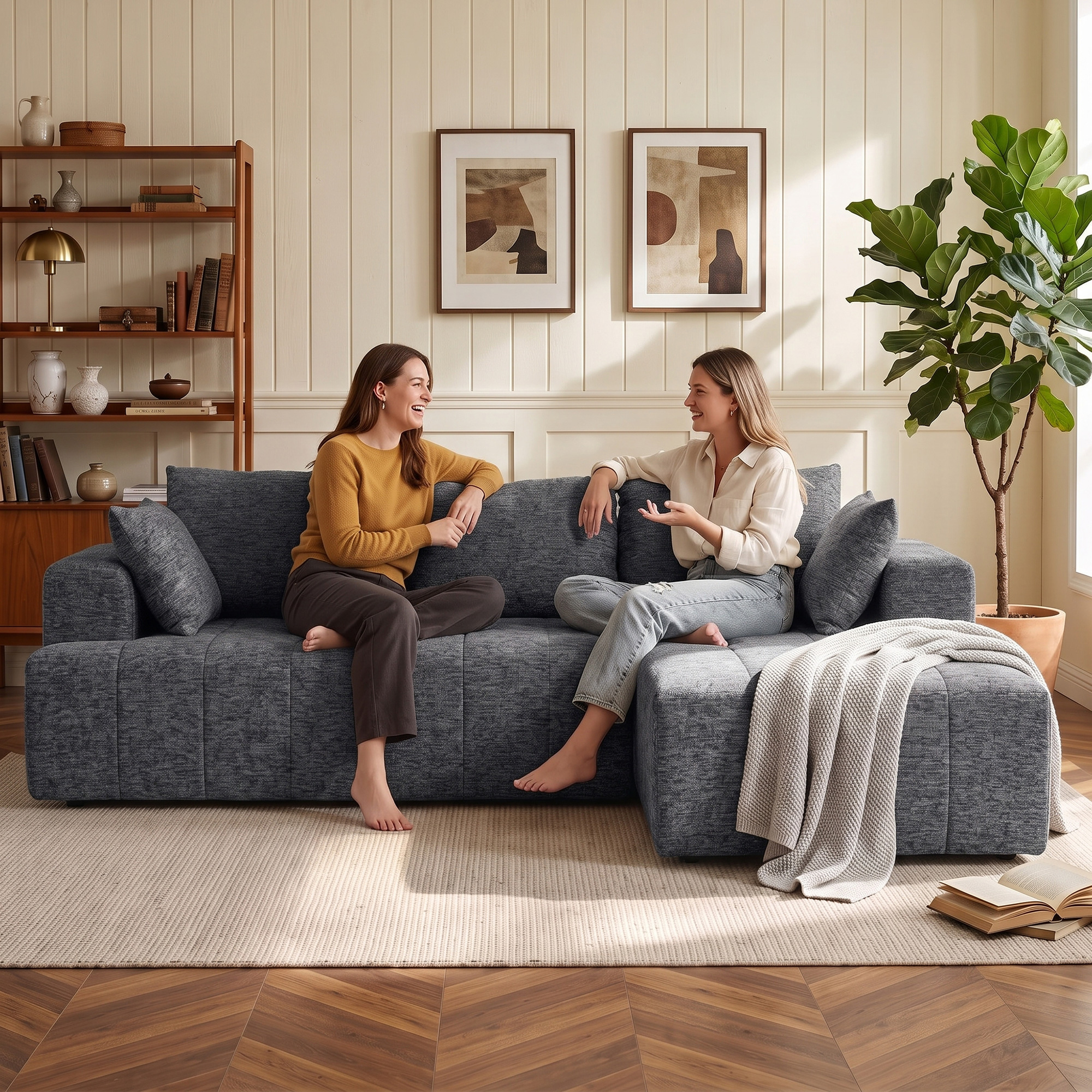 3-Sitzer Ecksofa in L-Form mit Ottomane, wandelbares Chenille-Cloud-Schlafsofa mit Federkernpolsterung, Grau