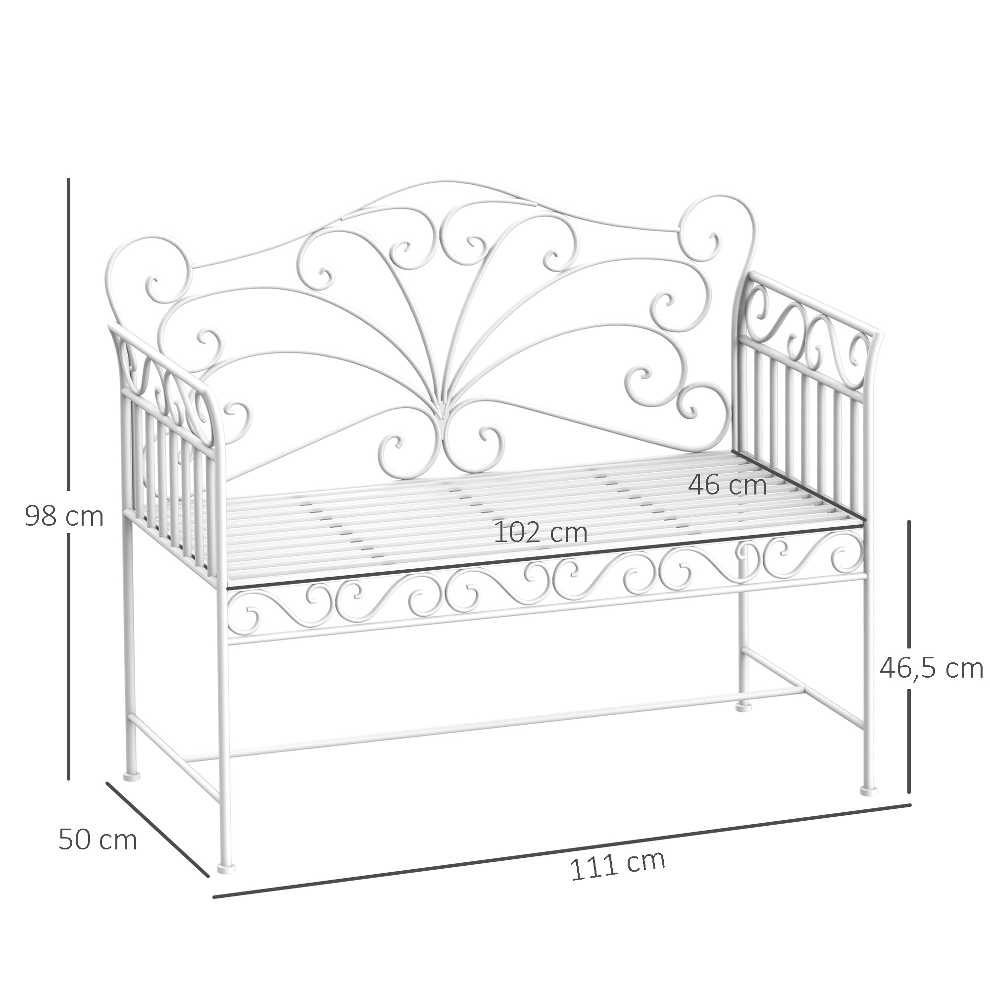 2-Sitzer Gartenbank robust, Parkbank rostfrei Sitzbank Bank Gartenmöbel 111 x 50 x 98cm, Weiß