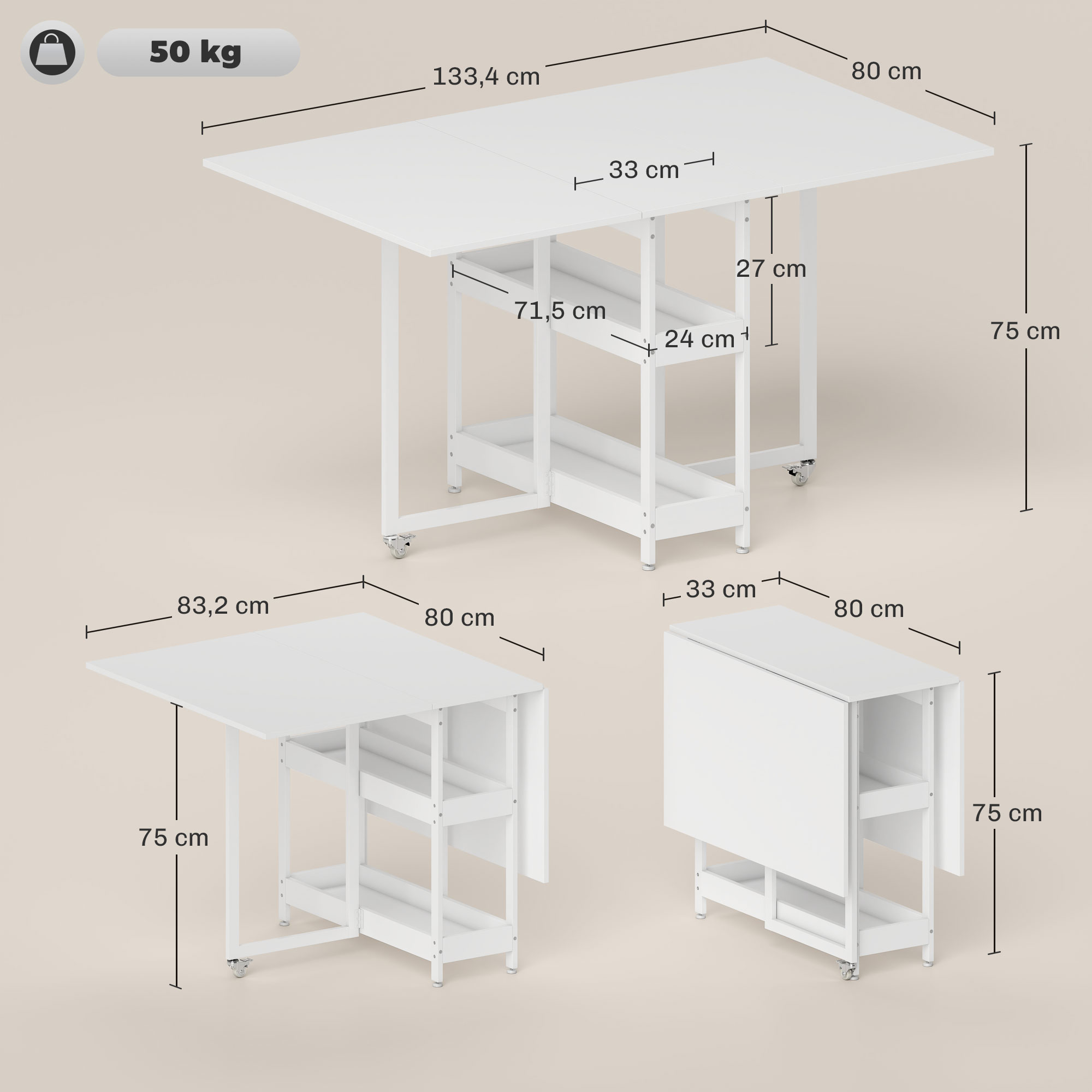 Klappbarer Esstisch im Industriedesign, für bis zu 4 Personen, offene Regale, flexibel, Metall, Spanplatte, Weiß