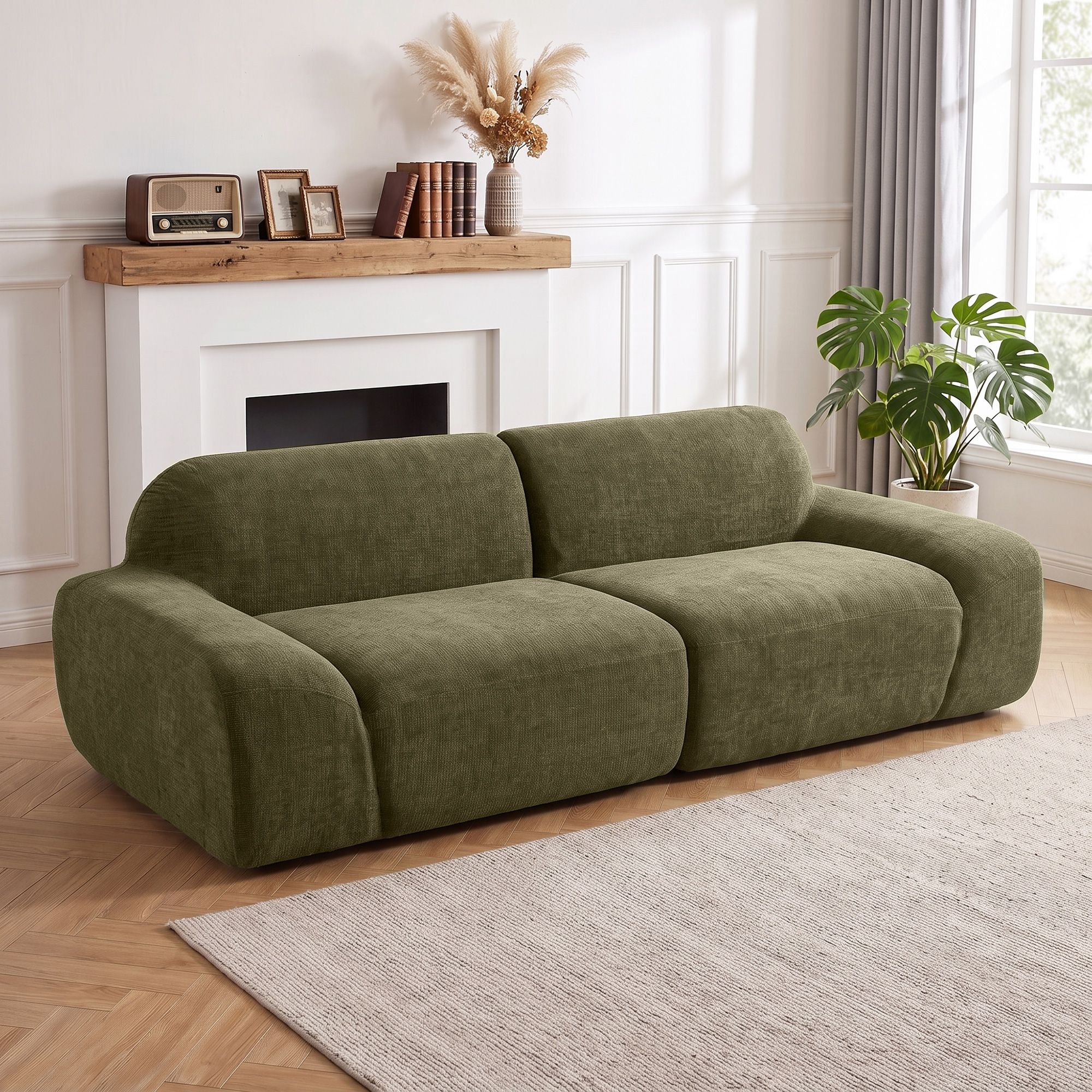 3-Sitzer-Sofa, abgerundet und rahmenlos, mit großzügiger Sitzfläche, dick gepolstert, keine Montage, Dunkelgrün