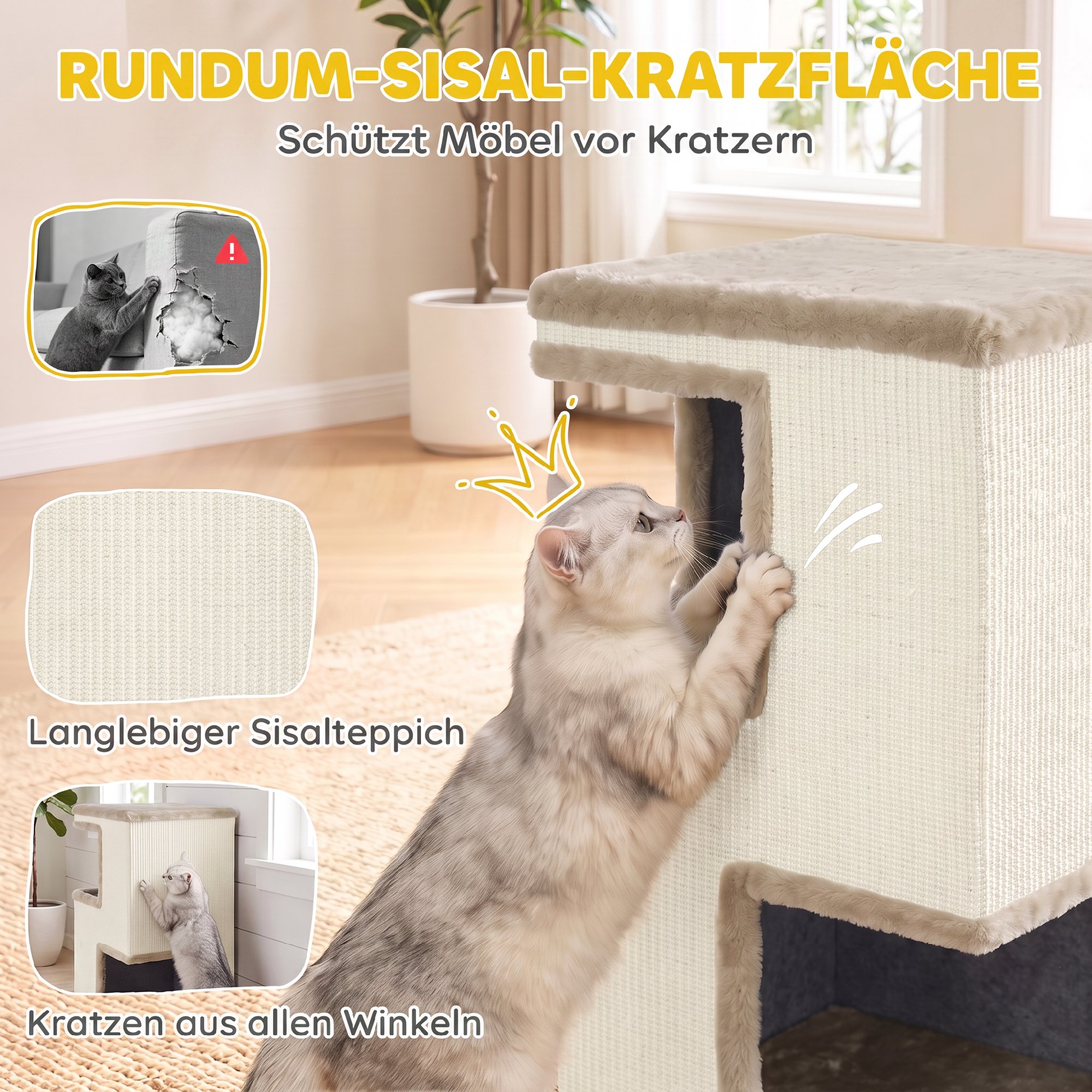 3-stöckige Katzentonne für drinnen, halbgeschlossene Katzenhöhle mit Kratzflächen rundum, 2 Katzenhöhlen