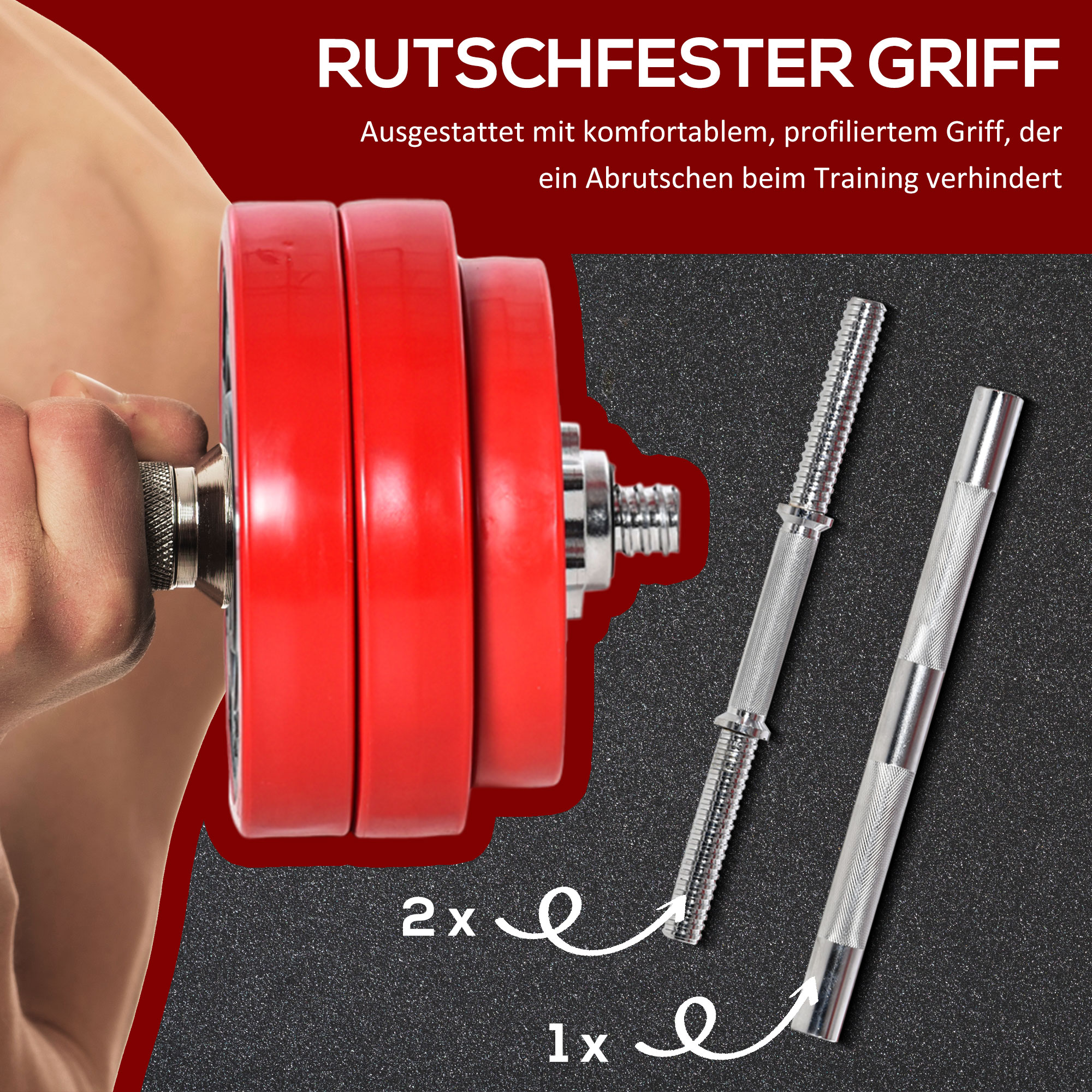 Hantelset 20/30KGS 2-IN-1 Hanteln&Langhanteln verstellbar Gewichtheben für Zuhause Fitness Muskel Stahl PP-Kunsstoff Eisen Sand Rot+Schwarz 21,5 x 21,5 x 3,8 cm