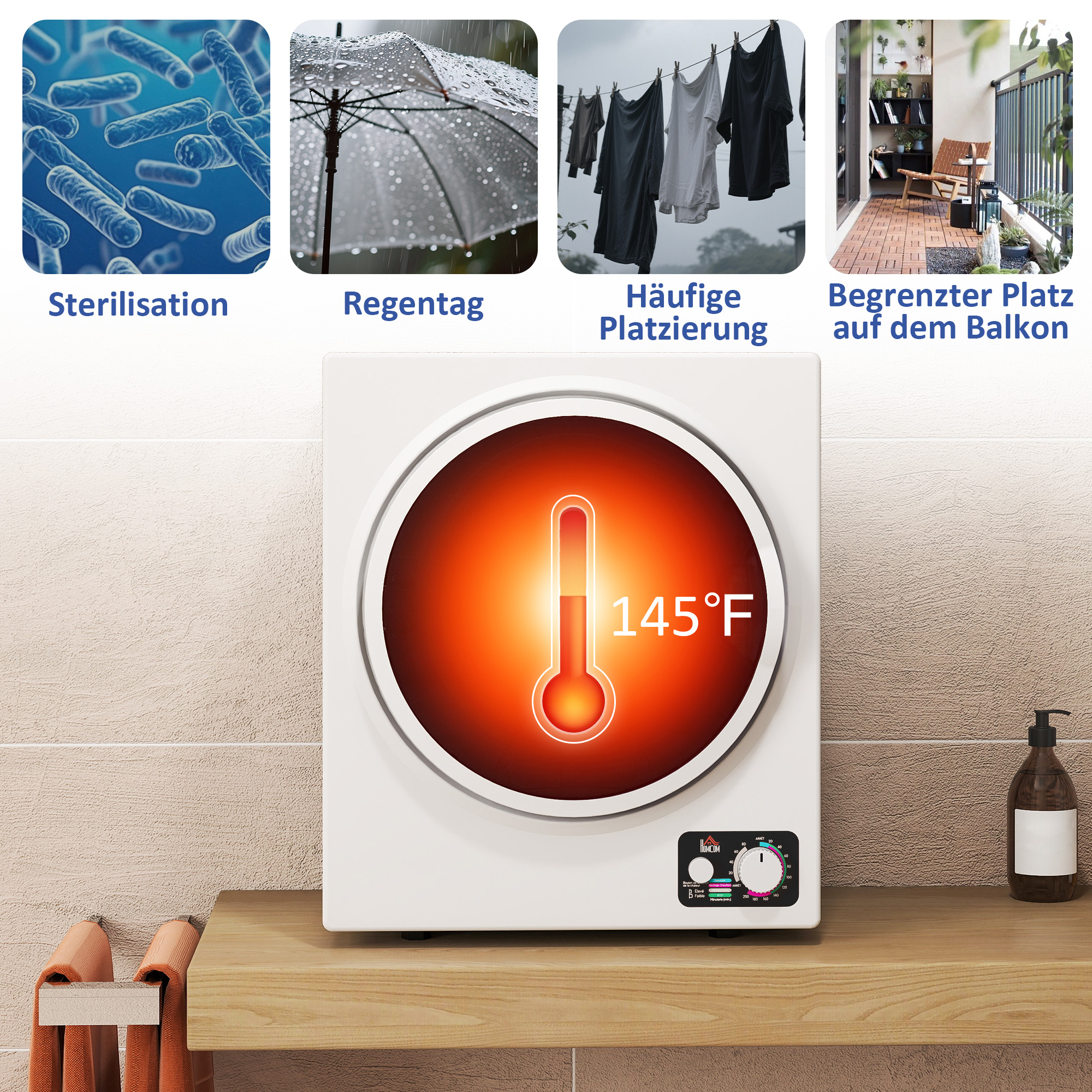 Mini Wäschetrockner 4 kg mit 4 Programme, 2 Heizstufen, Sterilisation bis zu 65? 850W für Kleidung