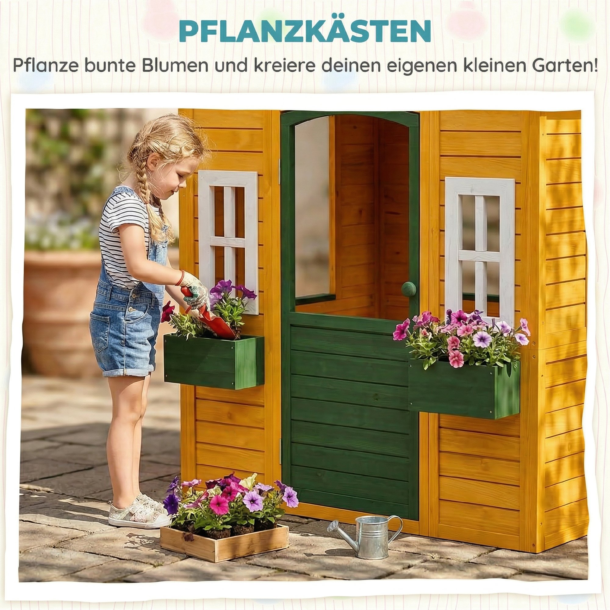 Kinderspielhaus Holz Spielhaus Outdoor mit Tür 3 Fenster 2 Blumenkästen für 3-8 Jahre Kinder 134,5 x 97 x 150 cm Braun