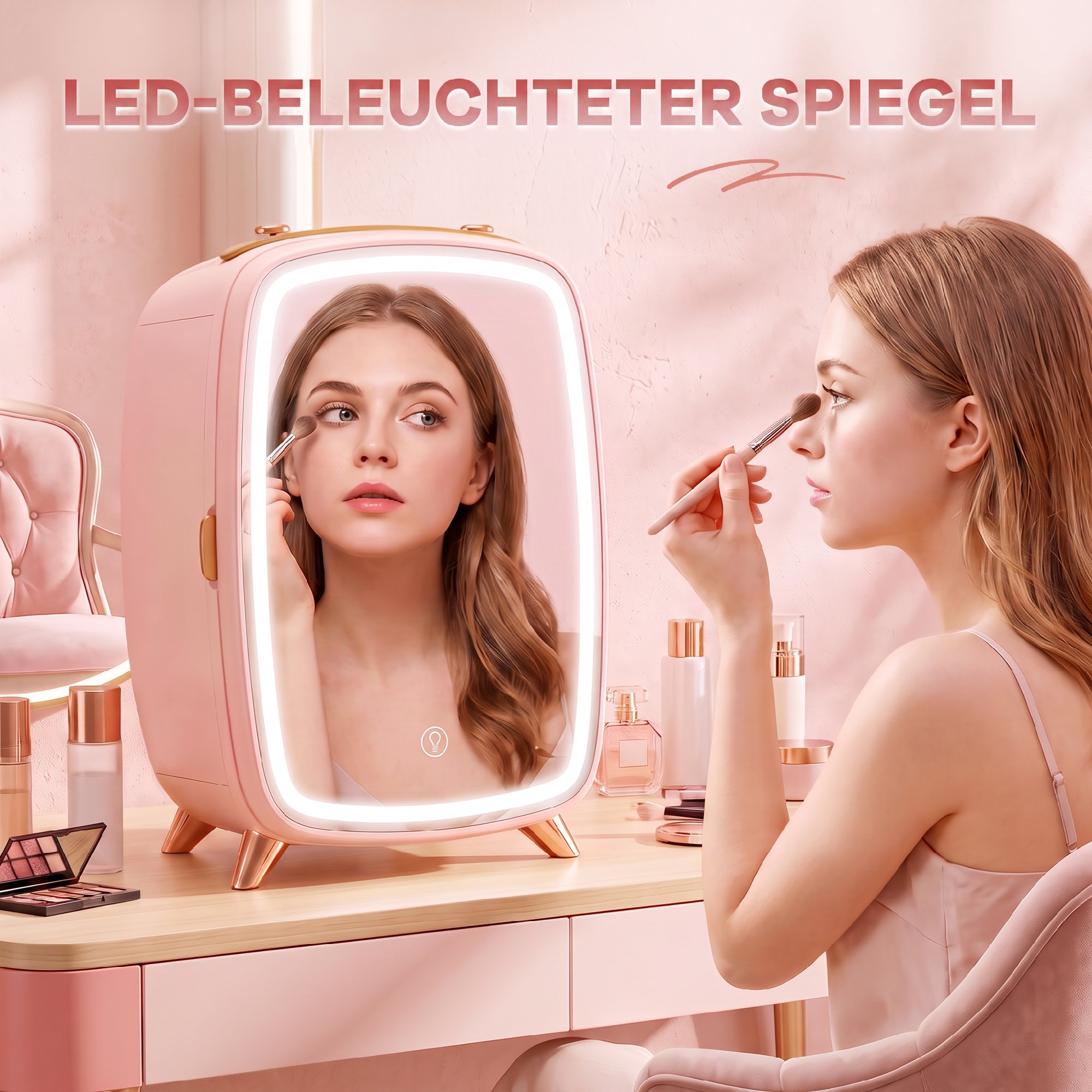 Minikühlschrank für Kosmetikprodukte, Getränke und Snacks, tragbar, mit beleuchtetem Spiegel, leiser Betrieb, 6L, Rosa