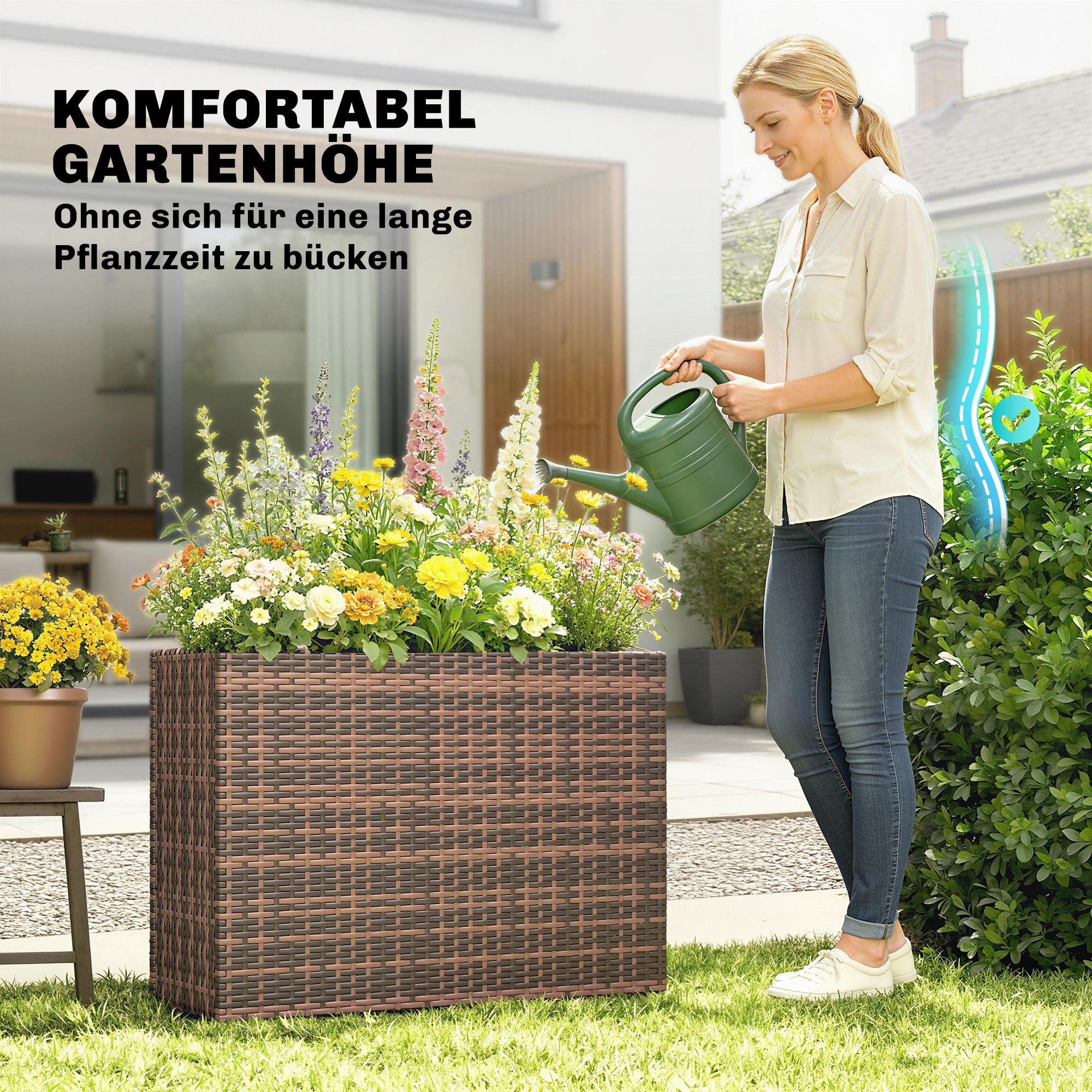 Hochbeet mit verstellbaren Füßen, Rattan Pflanzgefäß mit herausnehmbarem Einsatz für Terrasse und Balkon, Braun