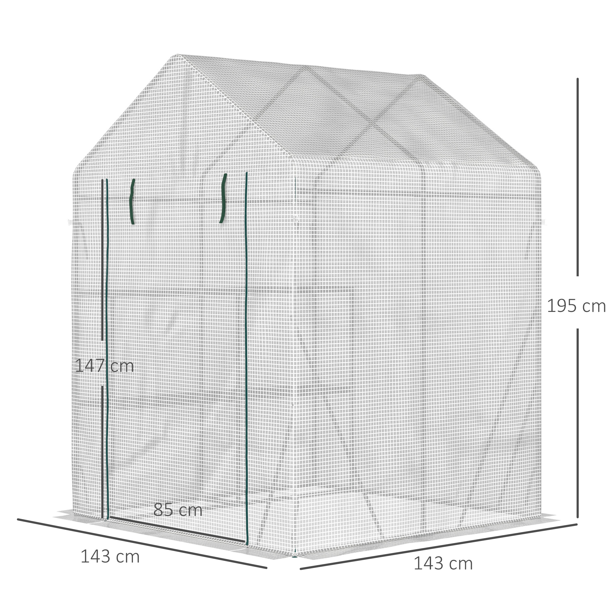 Foliengewächshaus begehbares Gewächshaus mit 4 Regalebenen Tomatengewächshaus Treibhaus Frühbeet mit Reißverschlusstüren Weiß Stahl PE-Kunststoff 143 x 143 x 195 cm