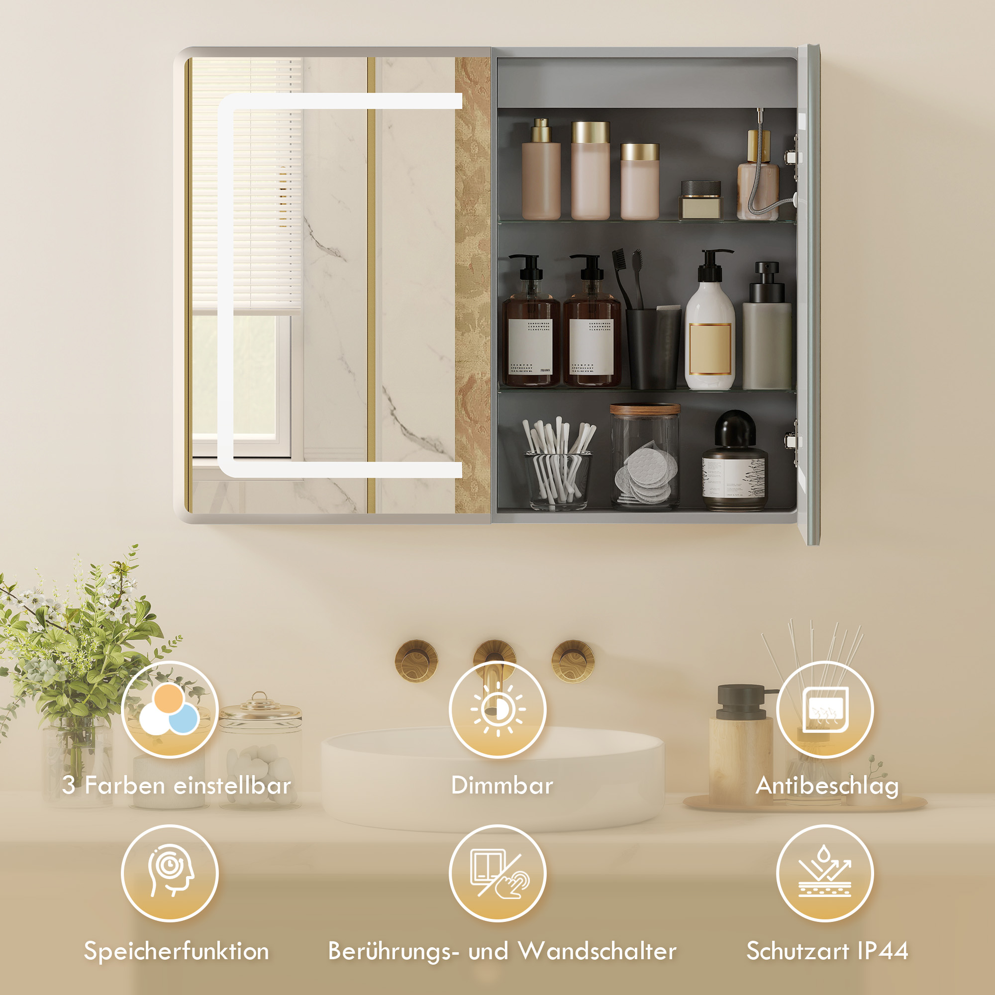 Spiegelschrank für das Badezimmer mit LED-Beleuchtung, 60 x 80 cm Badschrank mit Anti-Beschlag, 3-fach dimmbare