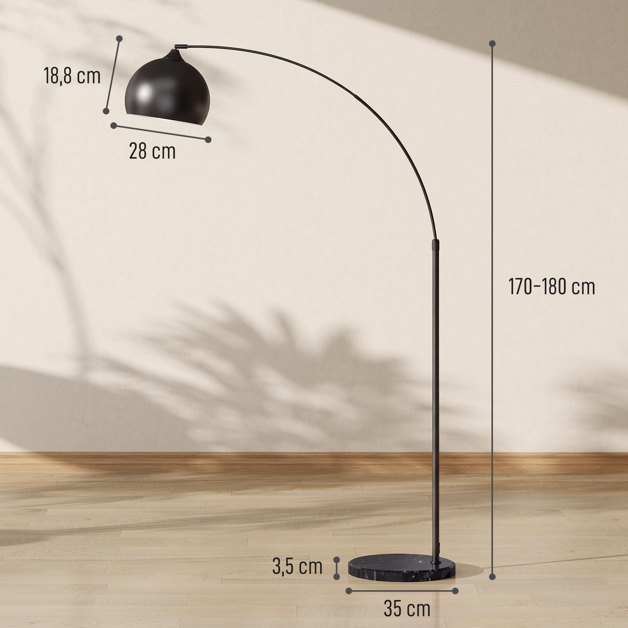 Bogenleuchte, Stehlampe, höhenverstellbar, Fußschalter, Sockel in Marmoroptik, 170-180cm, Schwarz