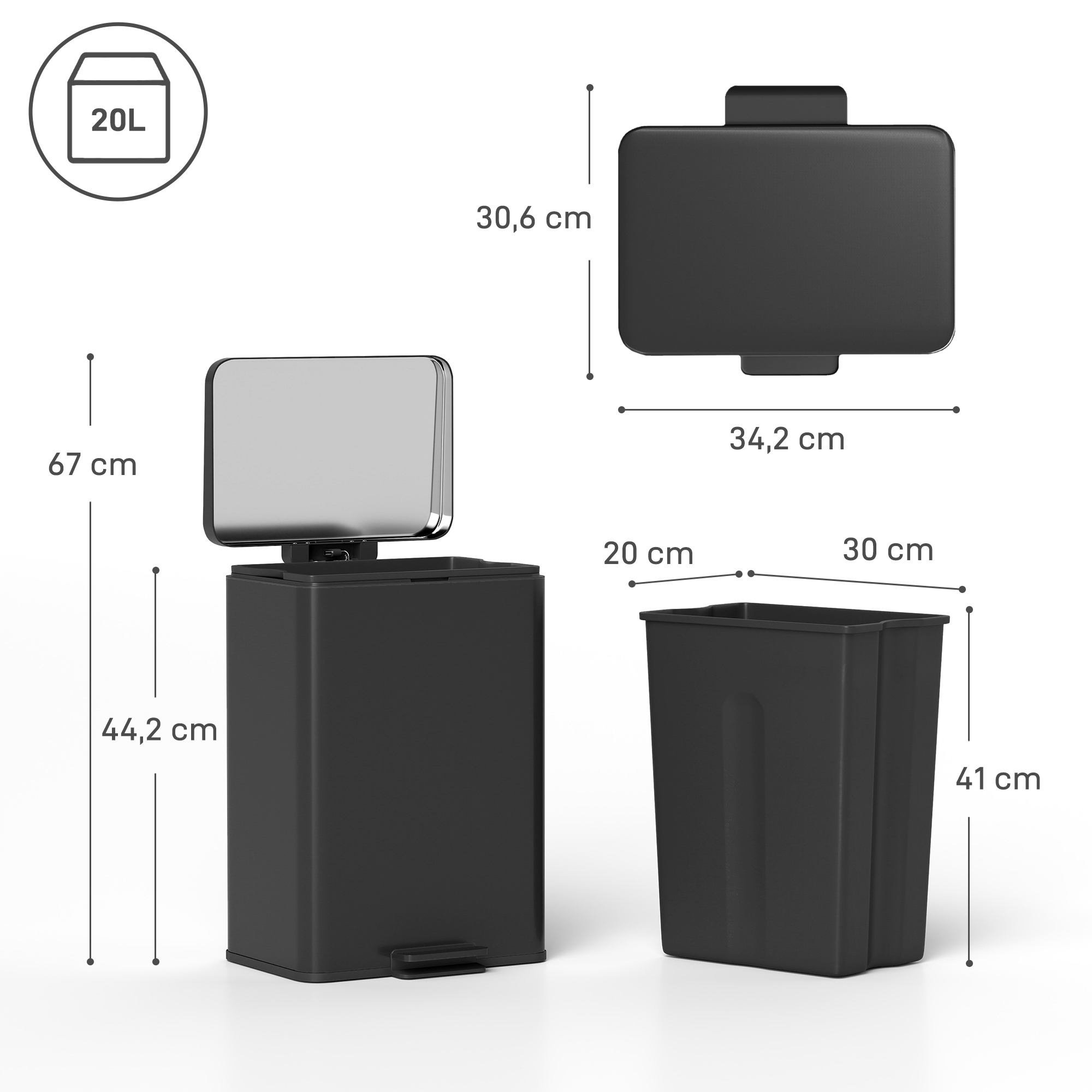 Mülleimer 20 L Treteimer mit Softclose-Deckel, Pedal, abnehmbar Inneneimer Mattschwarz, 34,2 x 30,6 x 44,2 cm