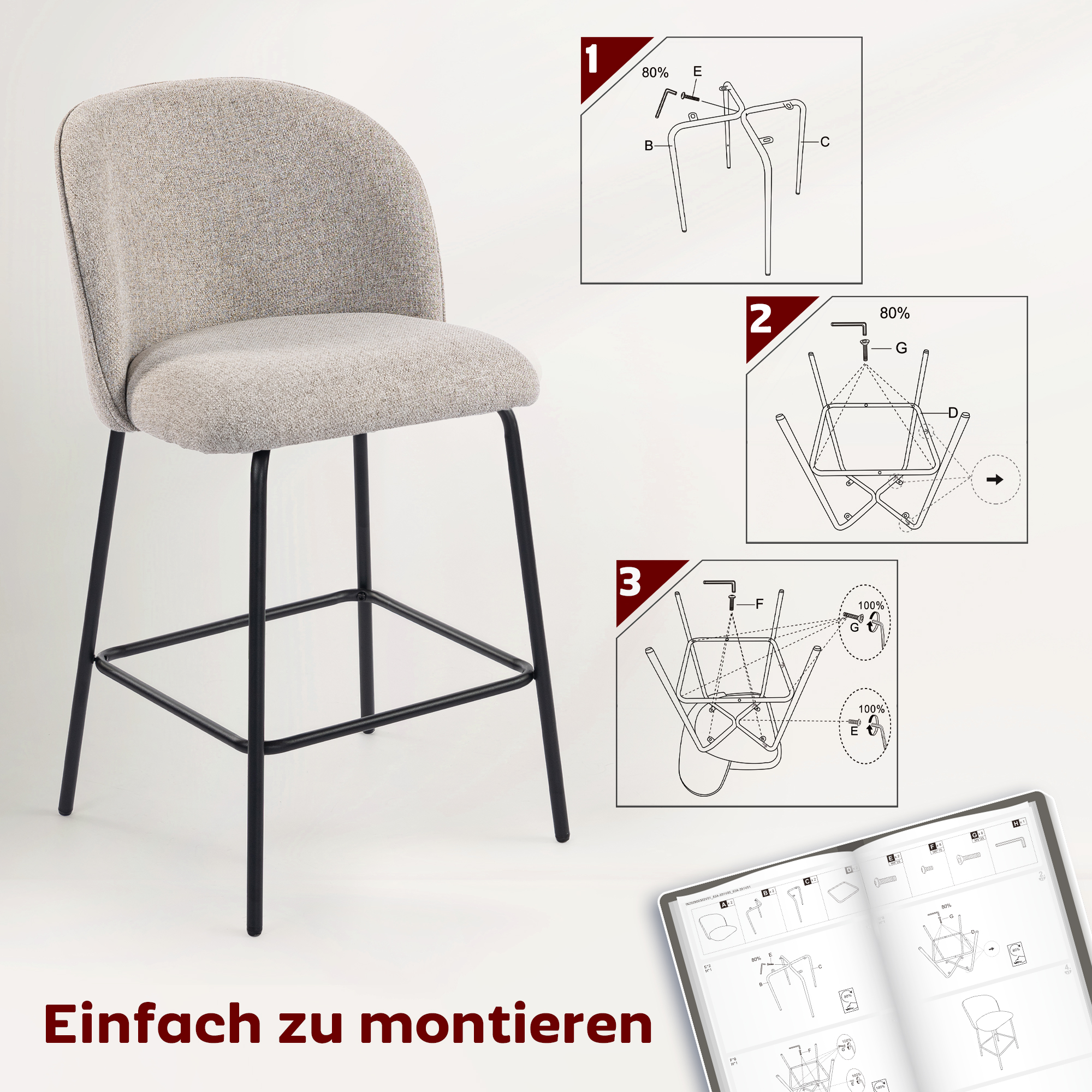 2er-Set Barhocker mit Rückenlehne und Fußstütze, Polsterstühle mit Stahlbeinen für Kücheninsel, Esszimmer, Hellgrau