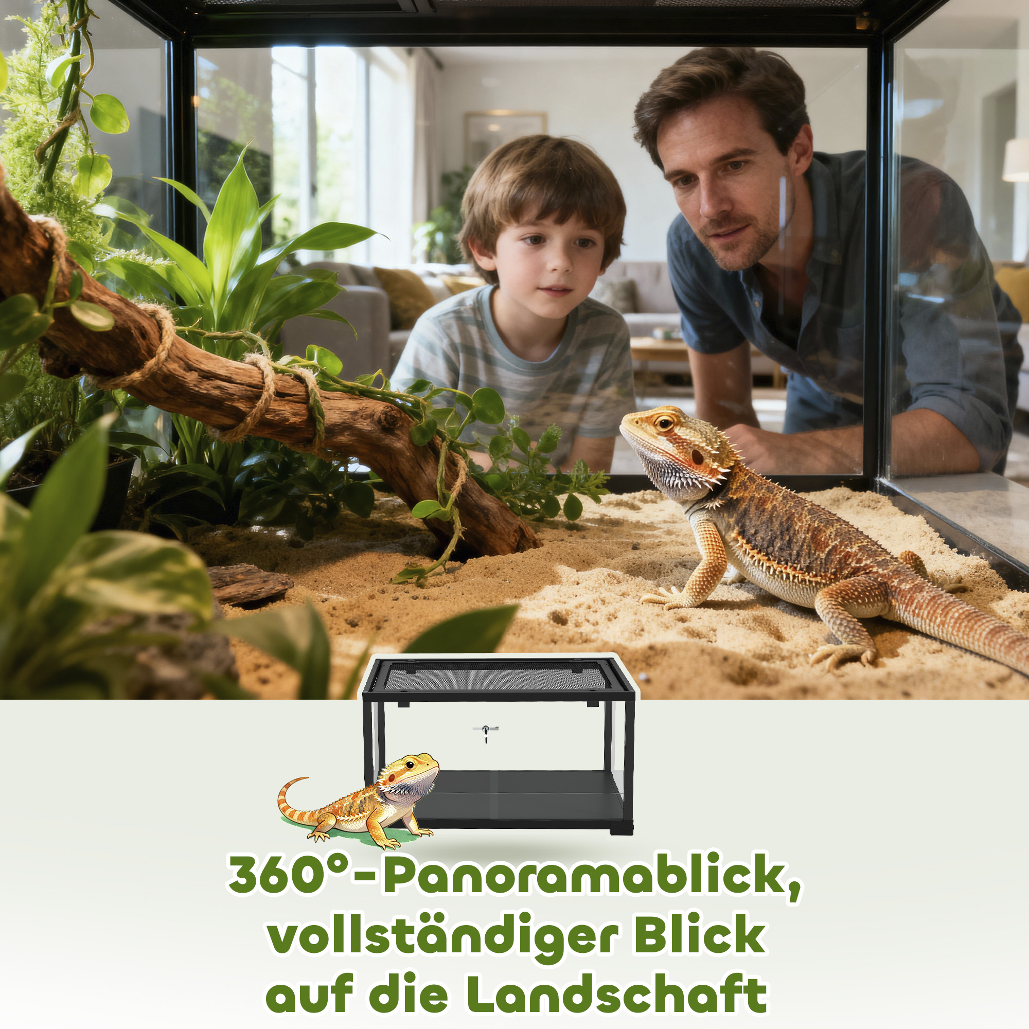 Reptilien-Terrarium, 86 Liter Vivarium mit Schiebetür, verschließbar, für Echsen, Insekten, Spinnen, Geckos, 60 x 45 x 32 cm, Schwarz