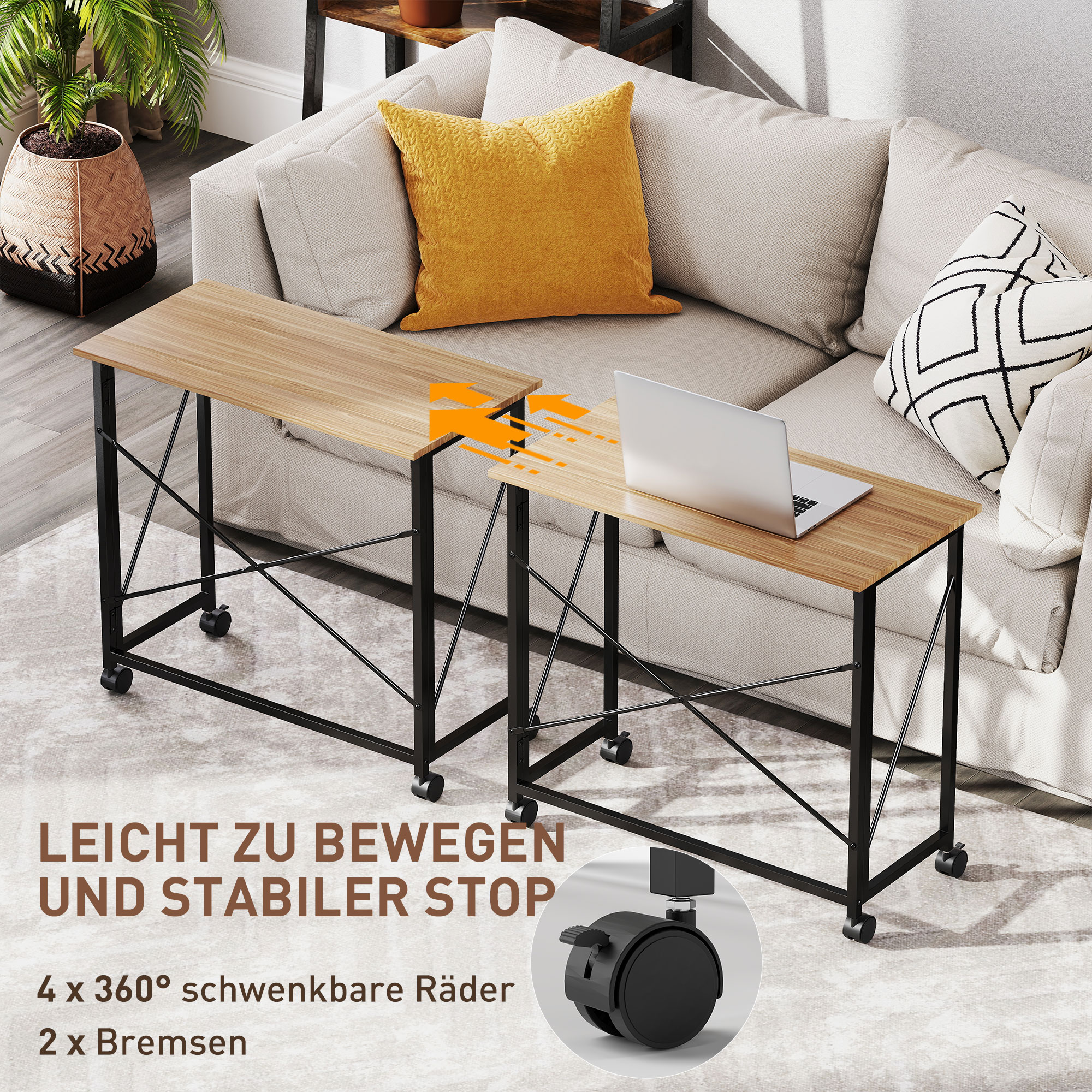 Klappbarer Schreibtisch mit Rädern, platzsparend, Stahl, MDF, Eiche