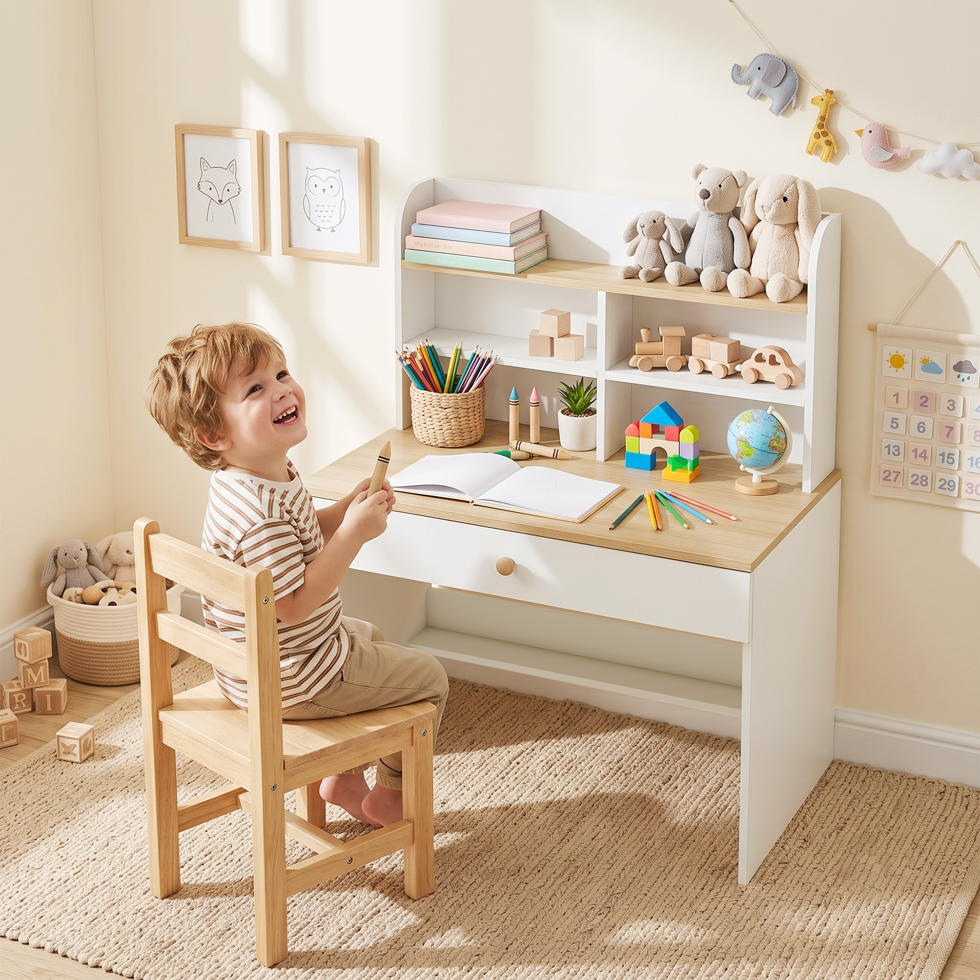 Kinderschreibtisch Kinder Schreibtisch mit Schublade Bücherregal Stauraum für Kinder 3-8 Jahre, 80 x 50 x 100 cm Weiß