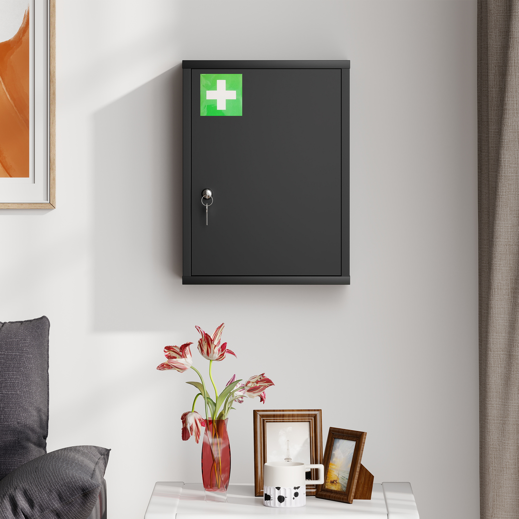 Medizinschrank zur Wandmontage mit Schloss, 3-stufiger Stahl-Wandschrank, 40 x 15 x 53,5 cm, Schwarz