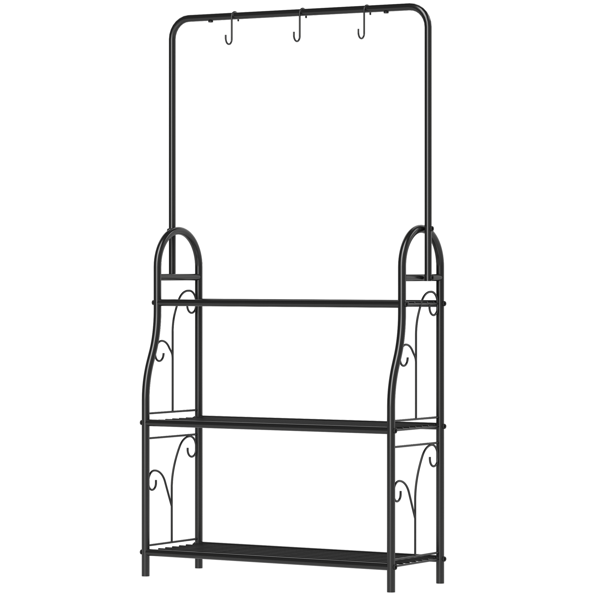 Blumenregal, 3-stufiges Pflanzenregal mit Hängehaken, Metallregal für Blumentöpfe, Indoor- und Outdoor-tauglich, Schwarz