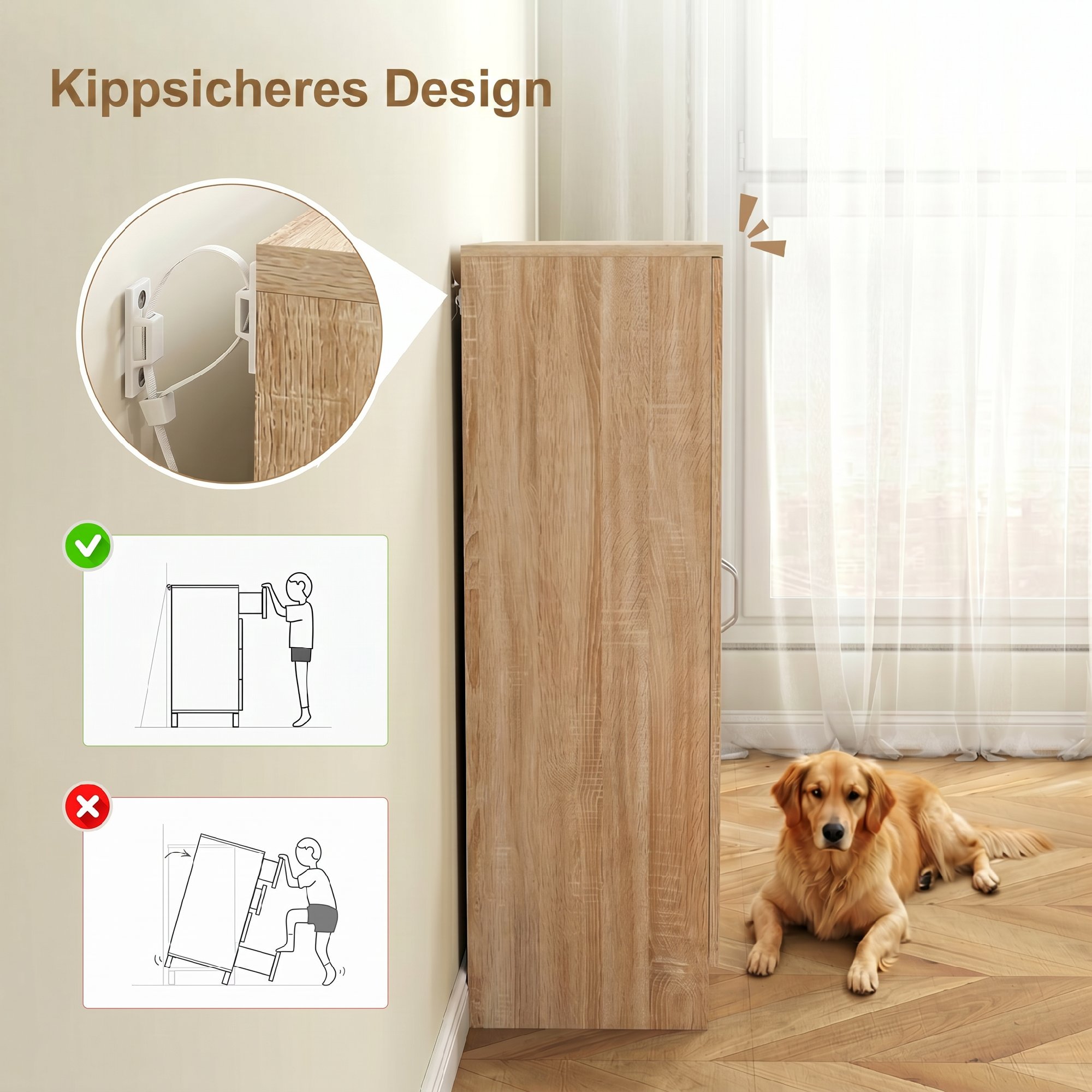 Schuhschrank mit 2 Türen, 6 verstellbare Regalböden, Soft-Close-Scharniere für 14 Paar Schuhe, Naturholz