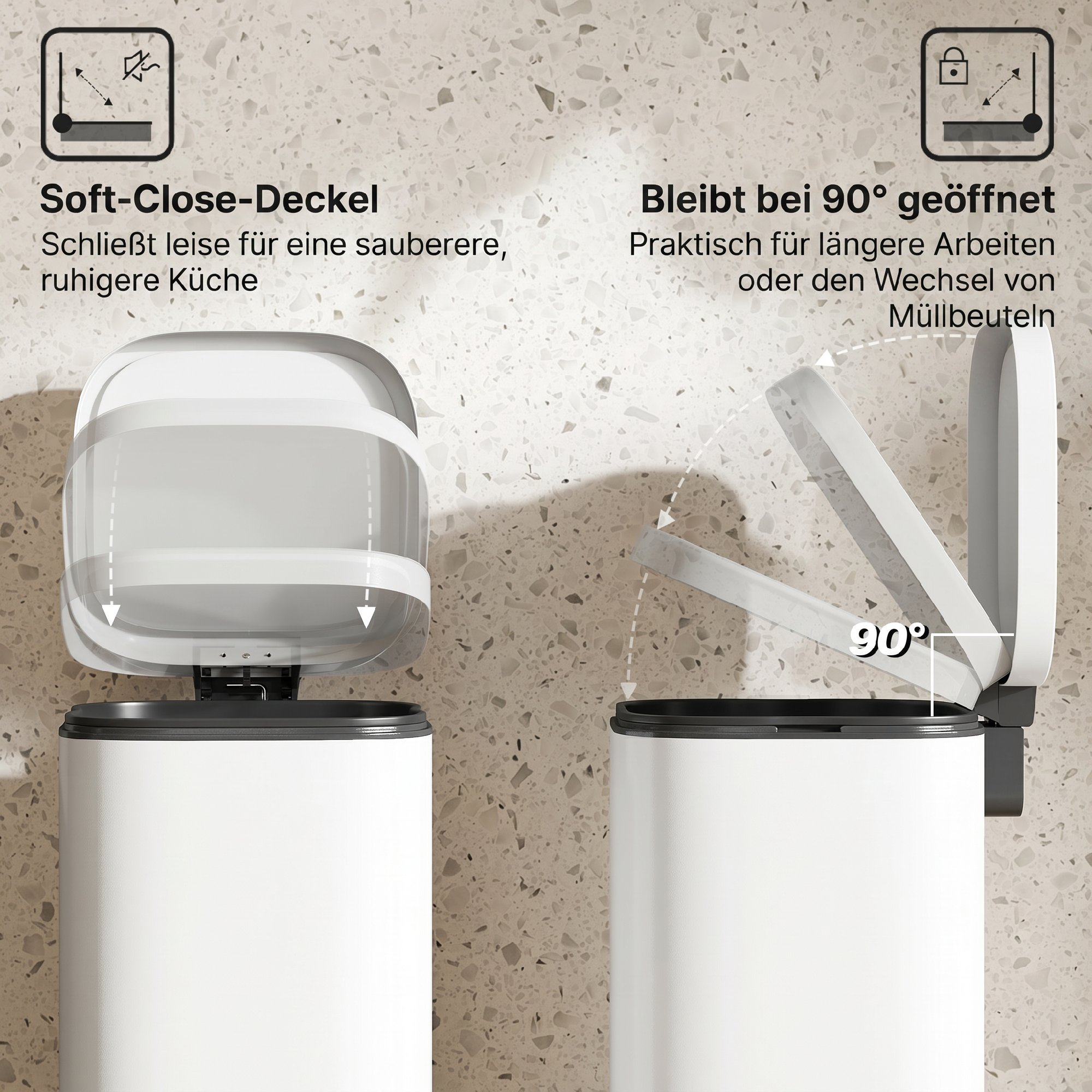 30L Küchenmülleimer Pedaleimer mit Deckel, Soft-Close- und Offenhalte-Funktion für Küche, Zuhause