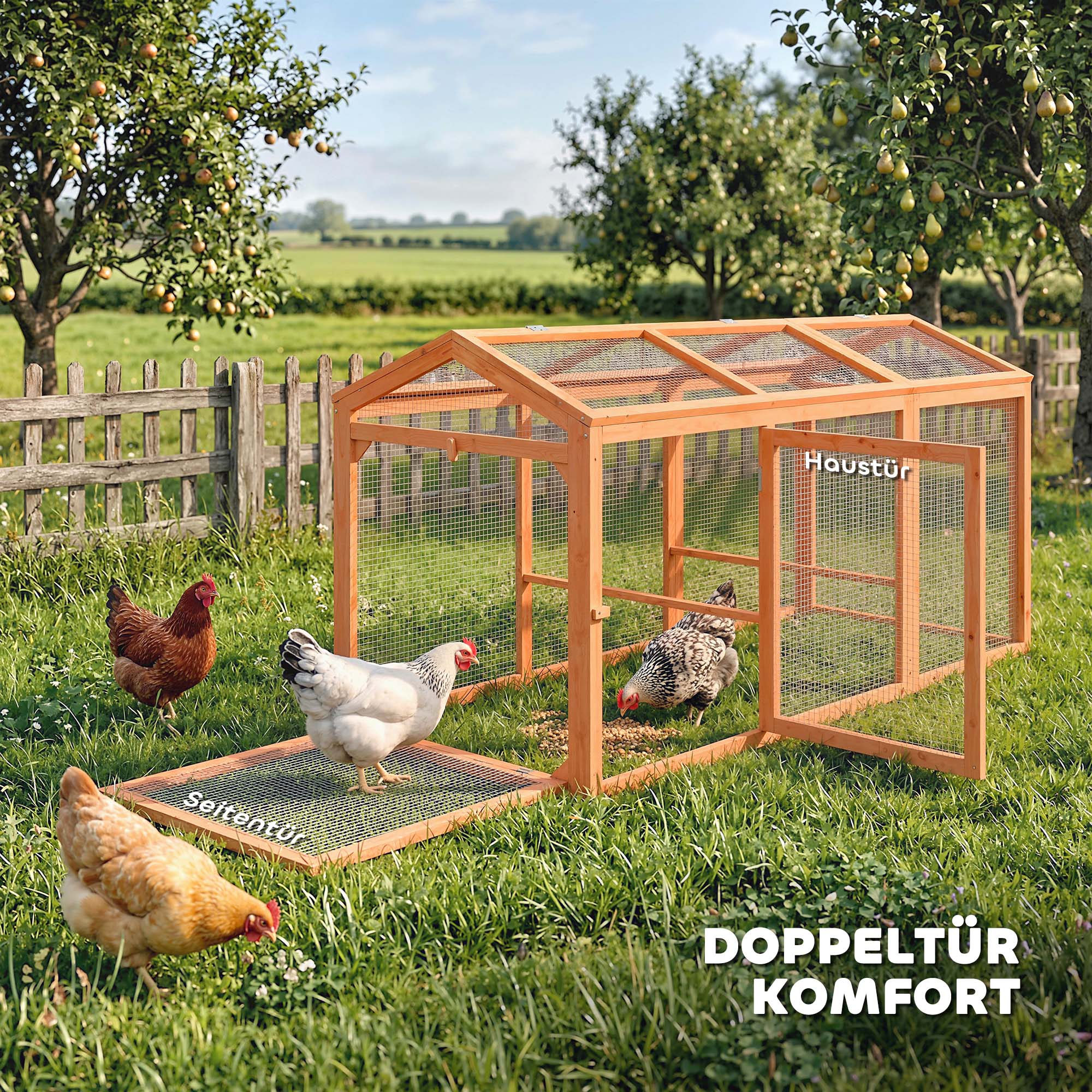 Hühnerstall Freilaufgehege mit Sitzstange Doppeltüren, aus Holz und Metall, für 4 Hühner, 156 x 70,5 x 84 cm Orange