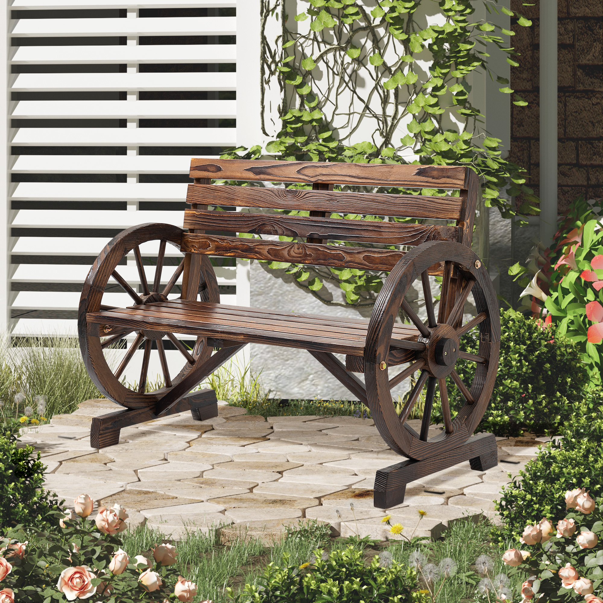 Gartenbank, Wagenrad-Design, für 2 Personen, Naturholz, dunkelbraun, 105,5 x 56 x 79cm