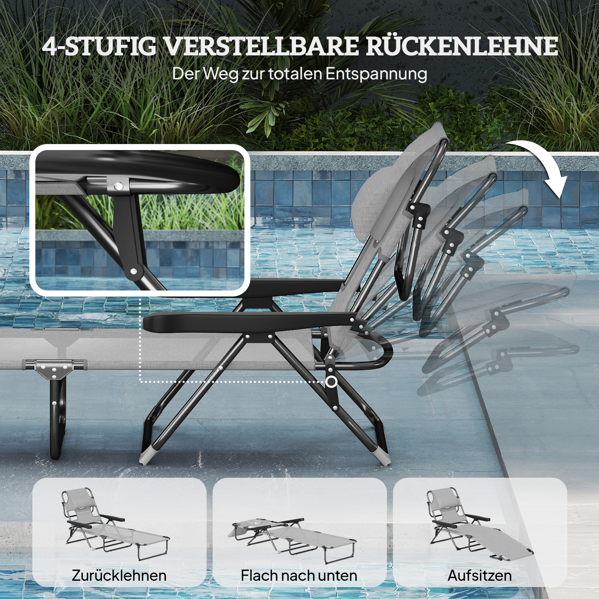 Sonnenliege Gartenliegen Relaxliege, klappbar, wetterbeständig, 194 cm x 72 cm x 89 cm, Schwarz + Dunkelgrau
