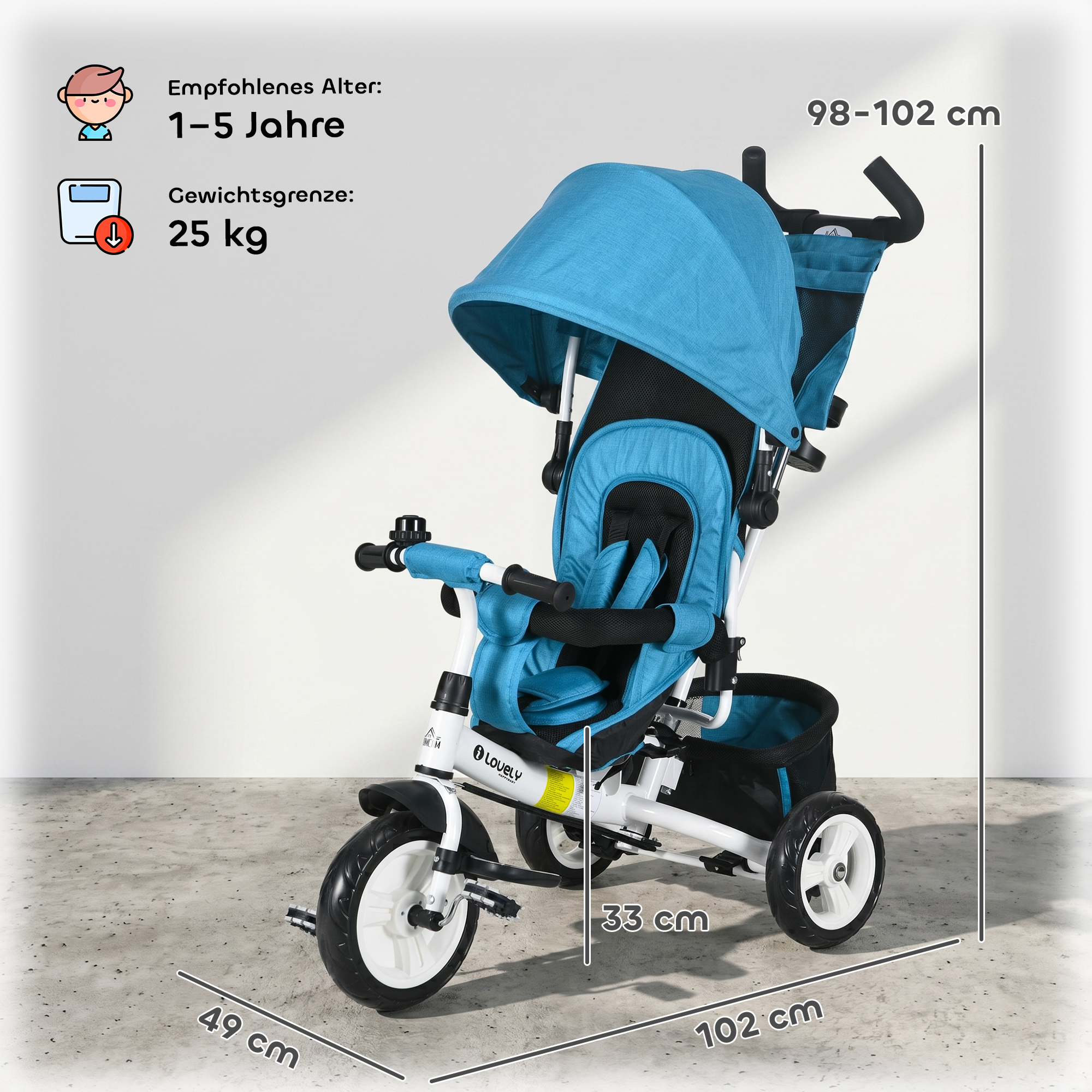 Kinder-Dreirad, Kinderfahrrad, Rückenkorb, Becherhalter, Sonnendach, Metall, Blau