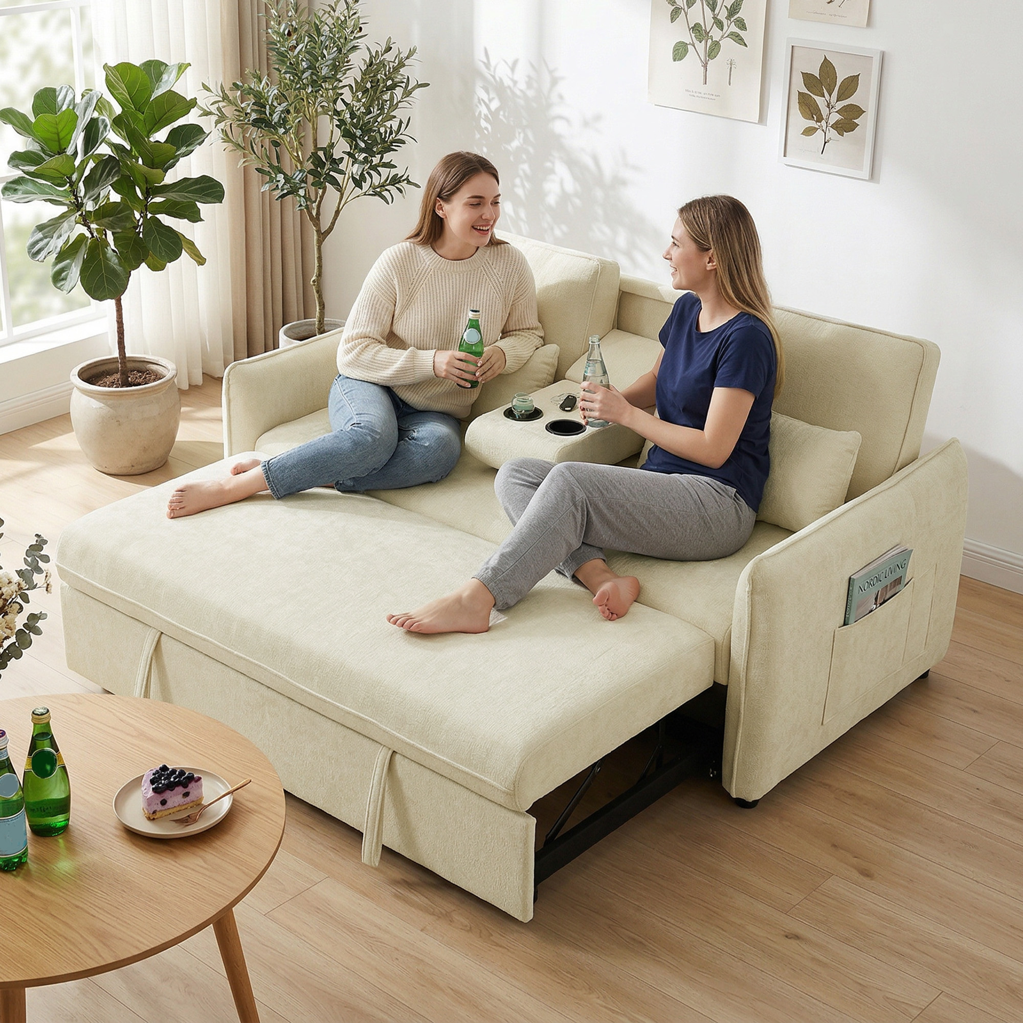 3-in-1 Verstellbares Schlafsofa, Zweisitzer mit Getränkehaltern, verstellbarer Rückenlehne und Seitentaschen, Beige