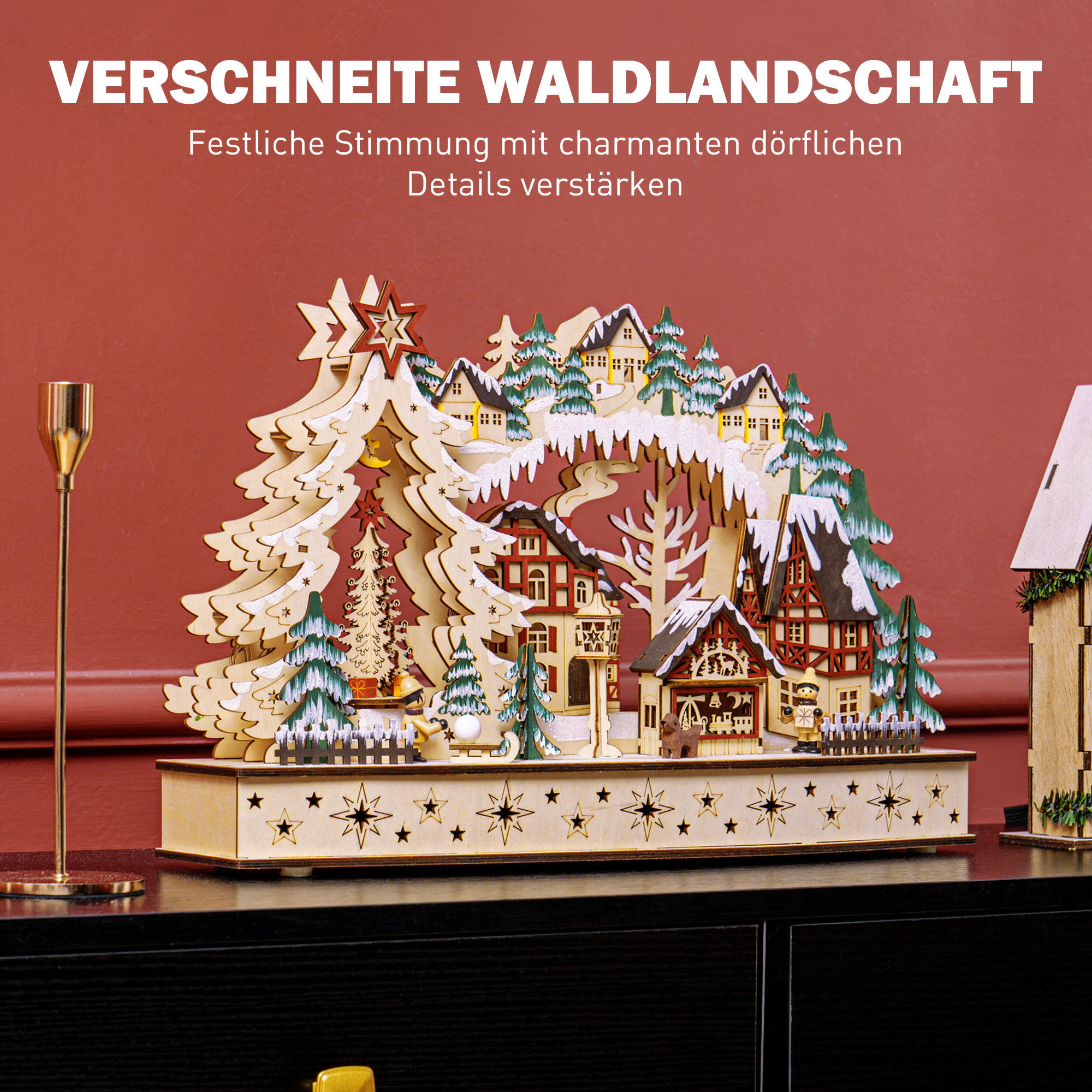 Weihnachtsdorf im Winterwunderland, 20 LED-Lichter, mehrschichtig, Naturholz, 45 x 12 x 30 cm