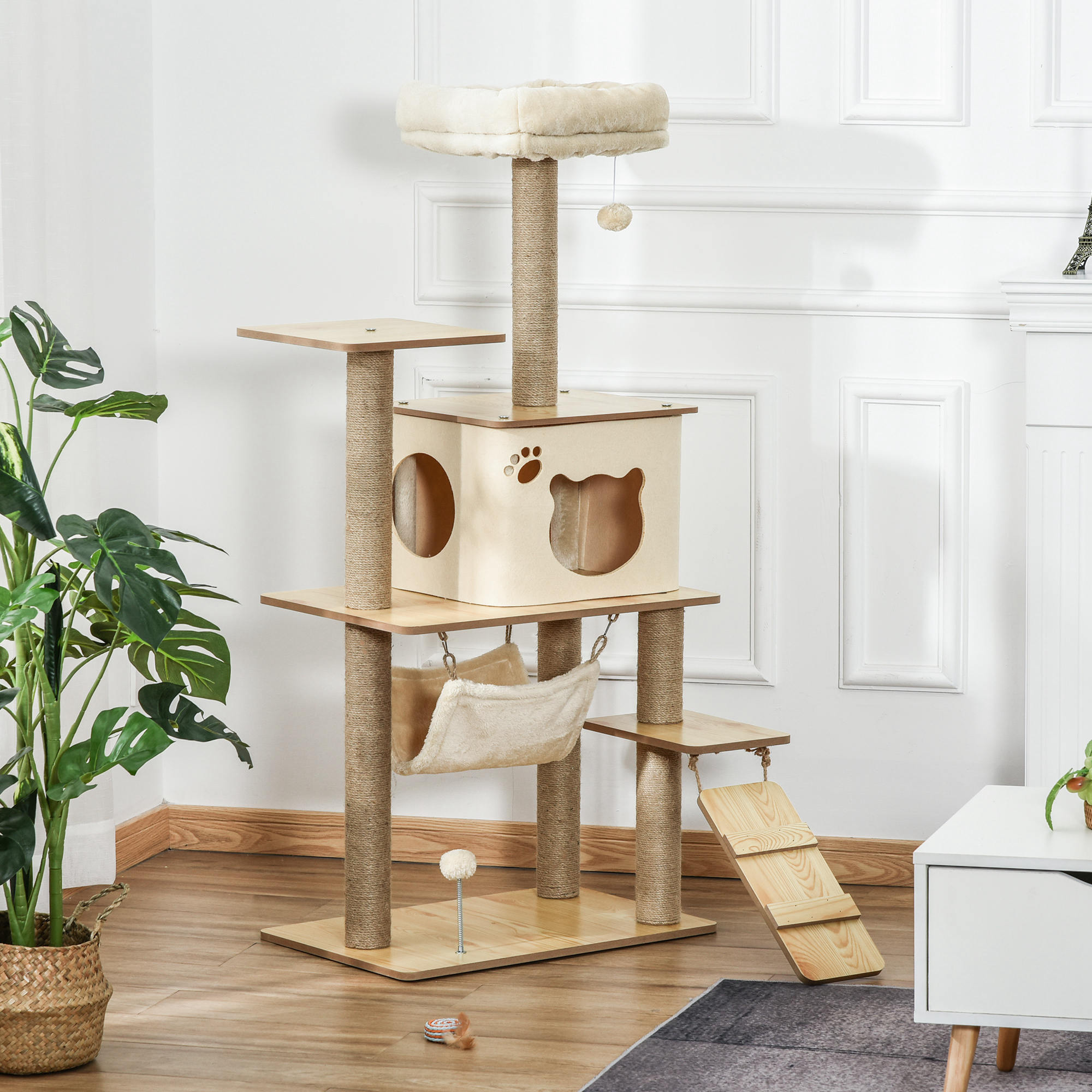 Kratzbaum Katzenbaum für Katzen Kletterbaum aus Holz mit Katzenhöhle Jutestämmen großer Plattform Spielbälle 130 cm Höhe stabil Plüsch Gelb 60 x 40 x 130 cm