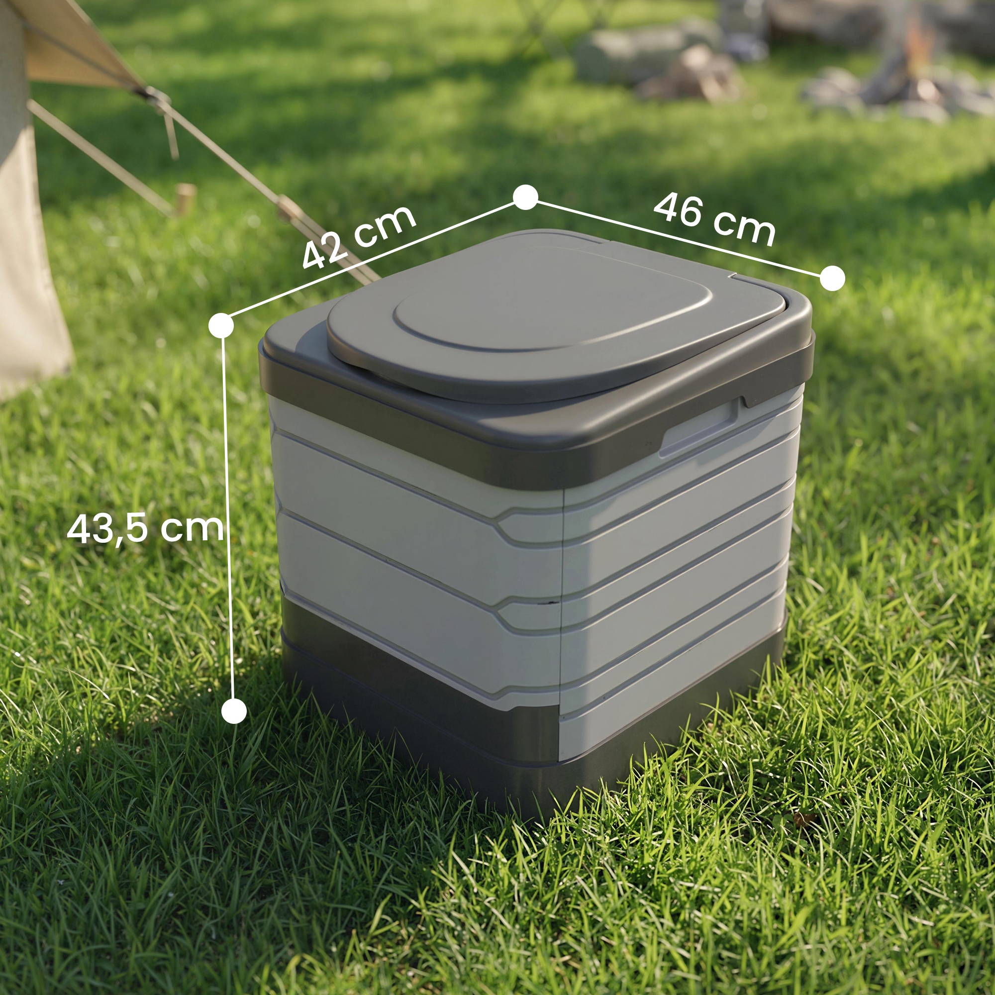 Campingtoilette Faltbare Reisetoilette bis 150 kg mit 12 Gerinnungspulver-Päckchen 12 Entsorgungsbeuteln 42 x 46 x 43,5 cm Grau