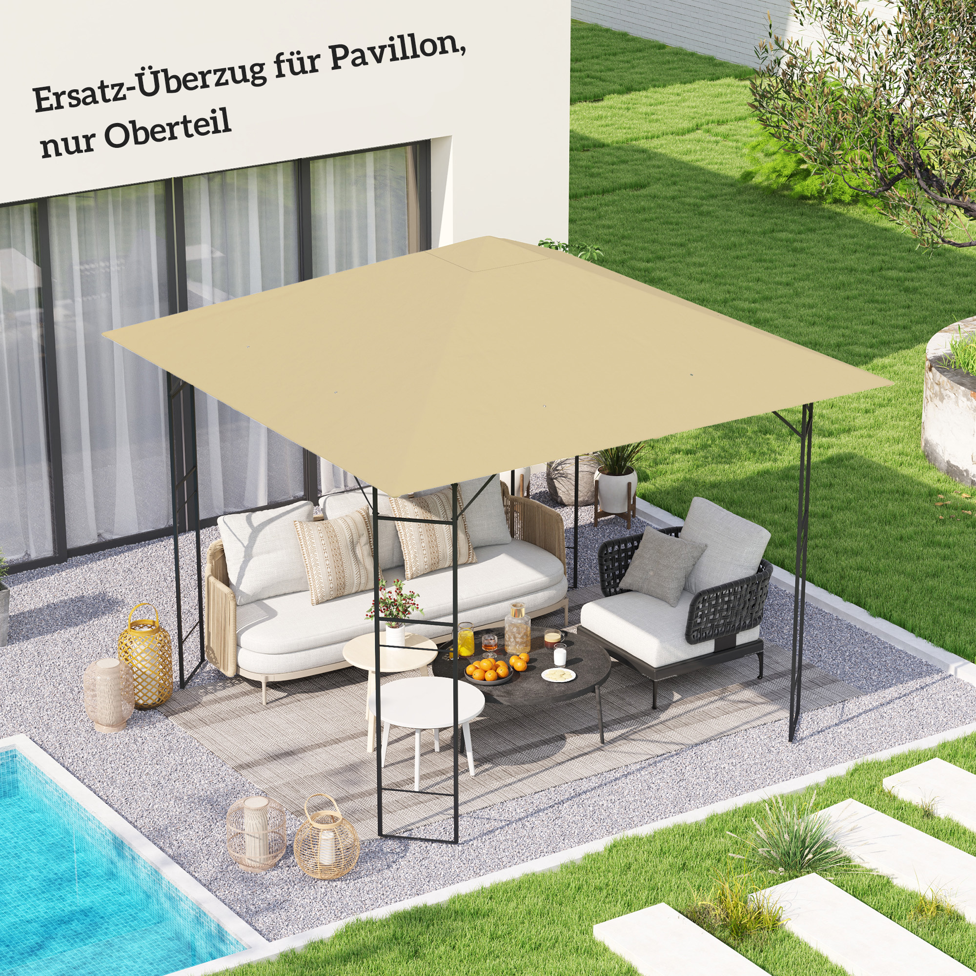 Ersatzdach für Pavillon 3 x 3 m wasserabweisend Pavillondach UPF30+ Ersatzbezug Oxford-Stoff, 370 g/m², Beige