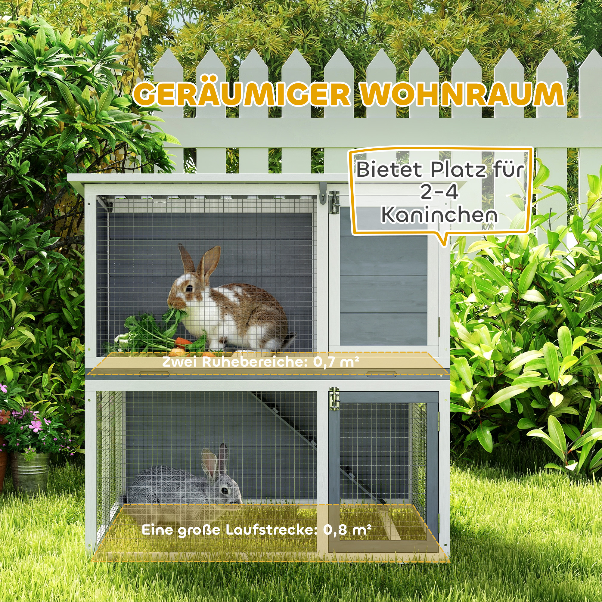 Hasenstall 2 Etagen Kaninchenstall aus Holz mit wetterfest aufklappbar Dach, Freilaufgehege, Rampe, 98x95x102,5 cm Grau