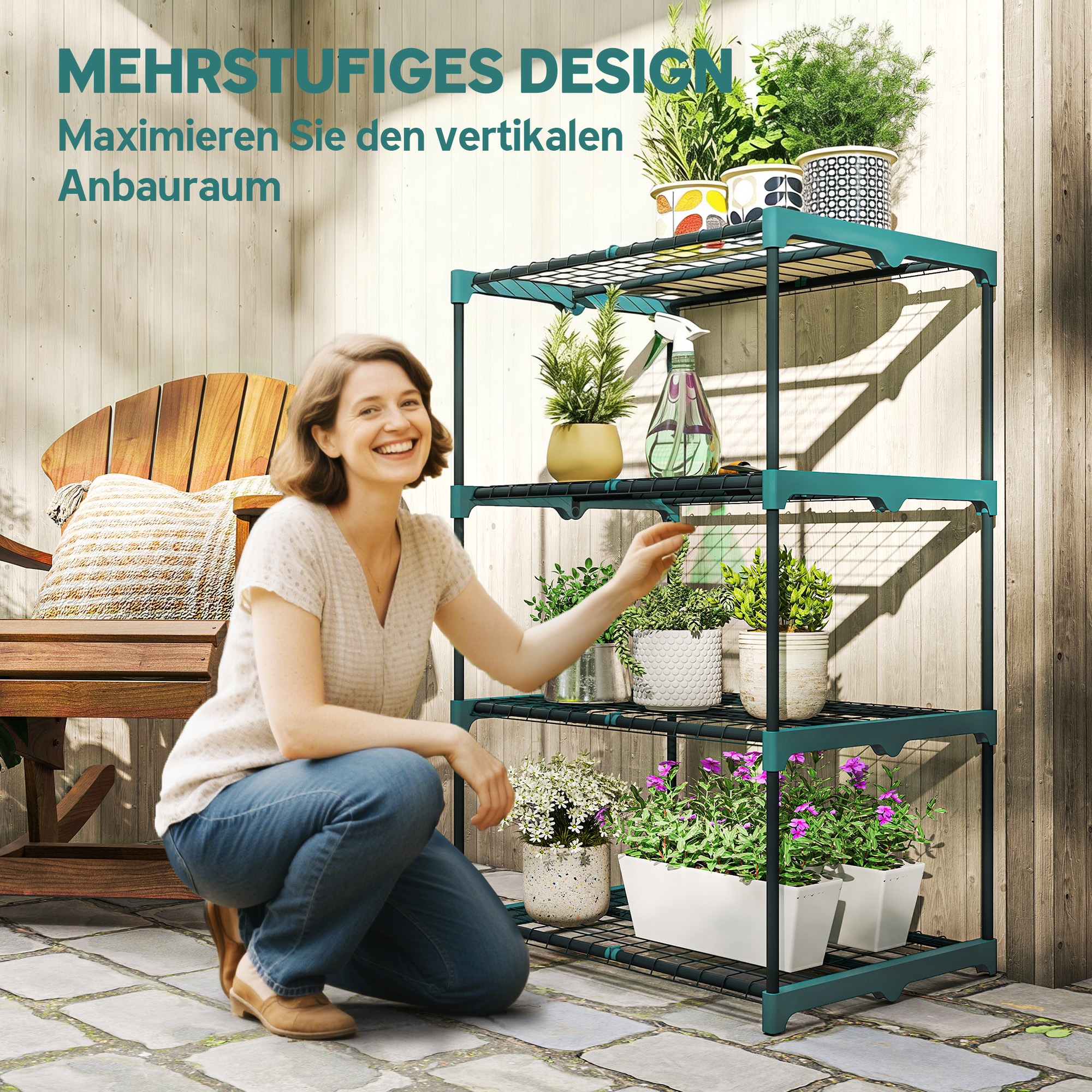 4-Etagen Pflanzenständer, 105 cm hoch Blumenständer für Innen Außen, Pflanzenregal aus Stahl Dunkelgrün